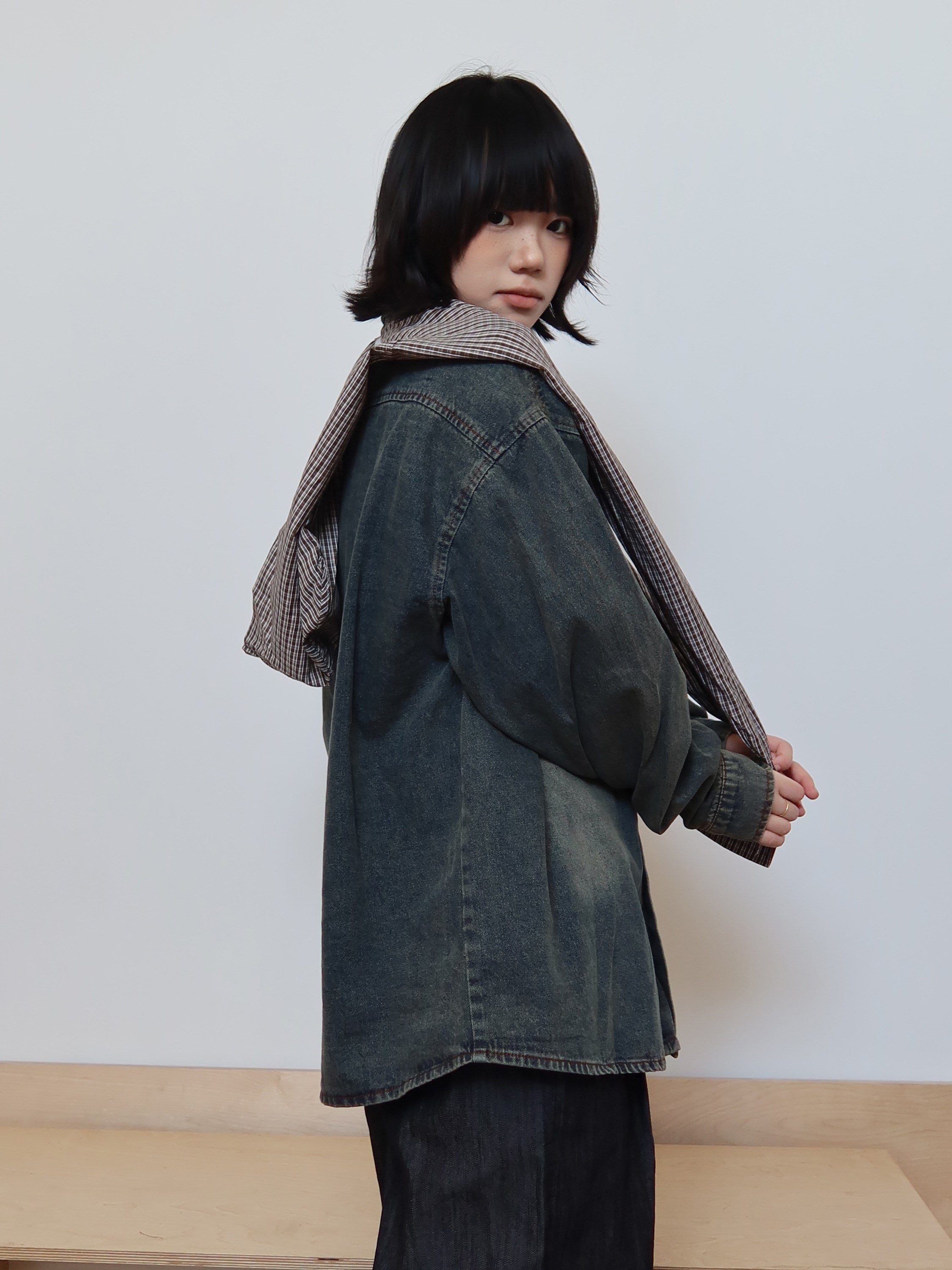 レイヤード風 ヴィンテージ加工 デニムシャツ N6376