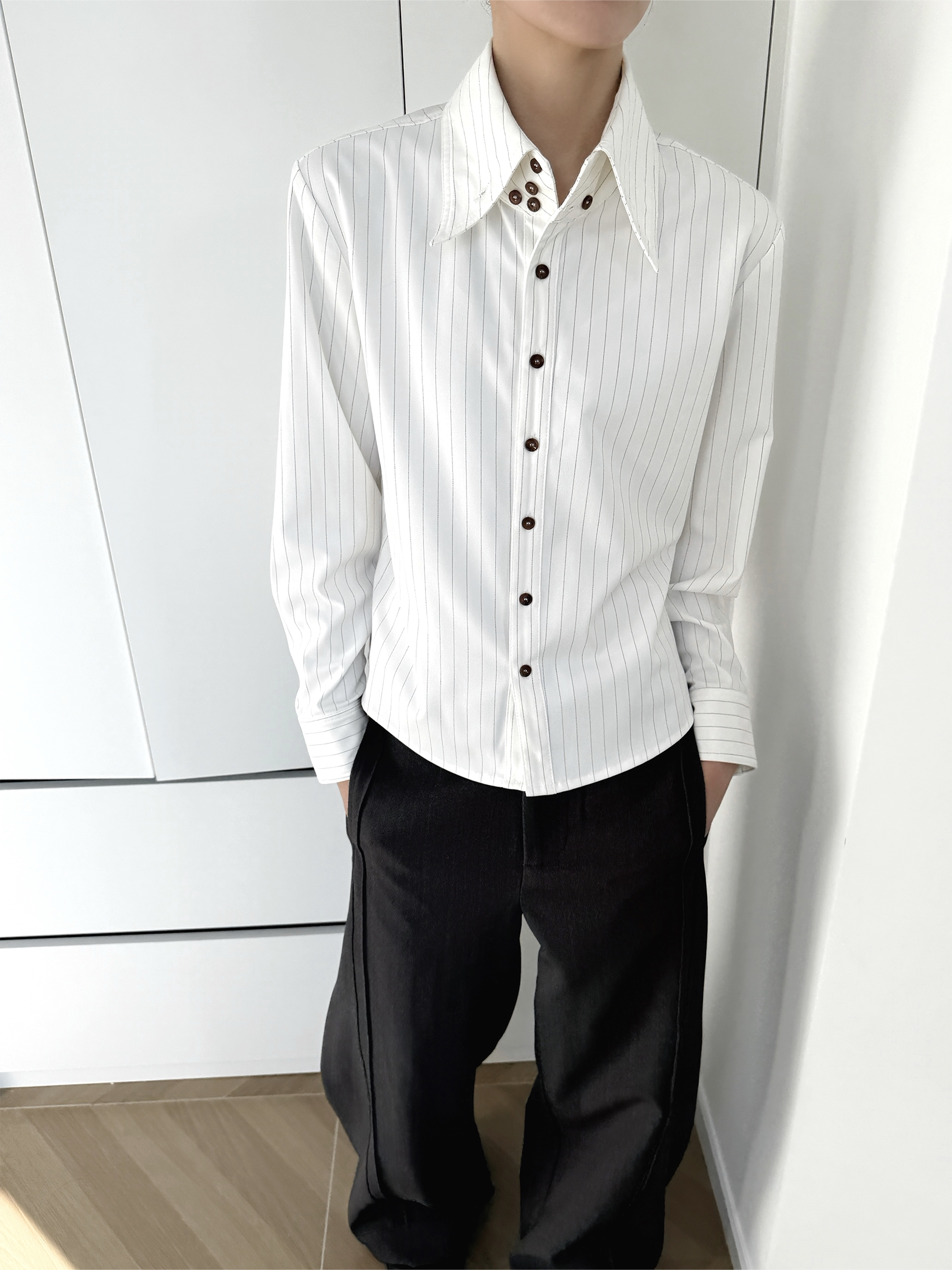 シャープカラー ストライプ 正肩フィットシャツ N6536