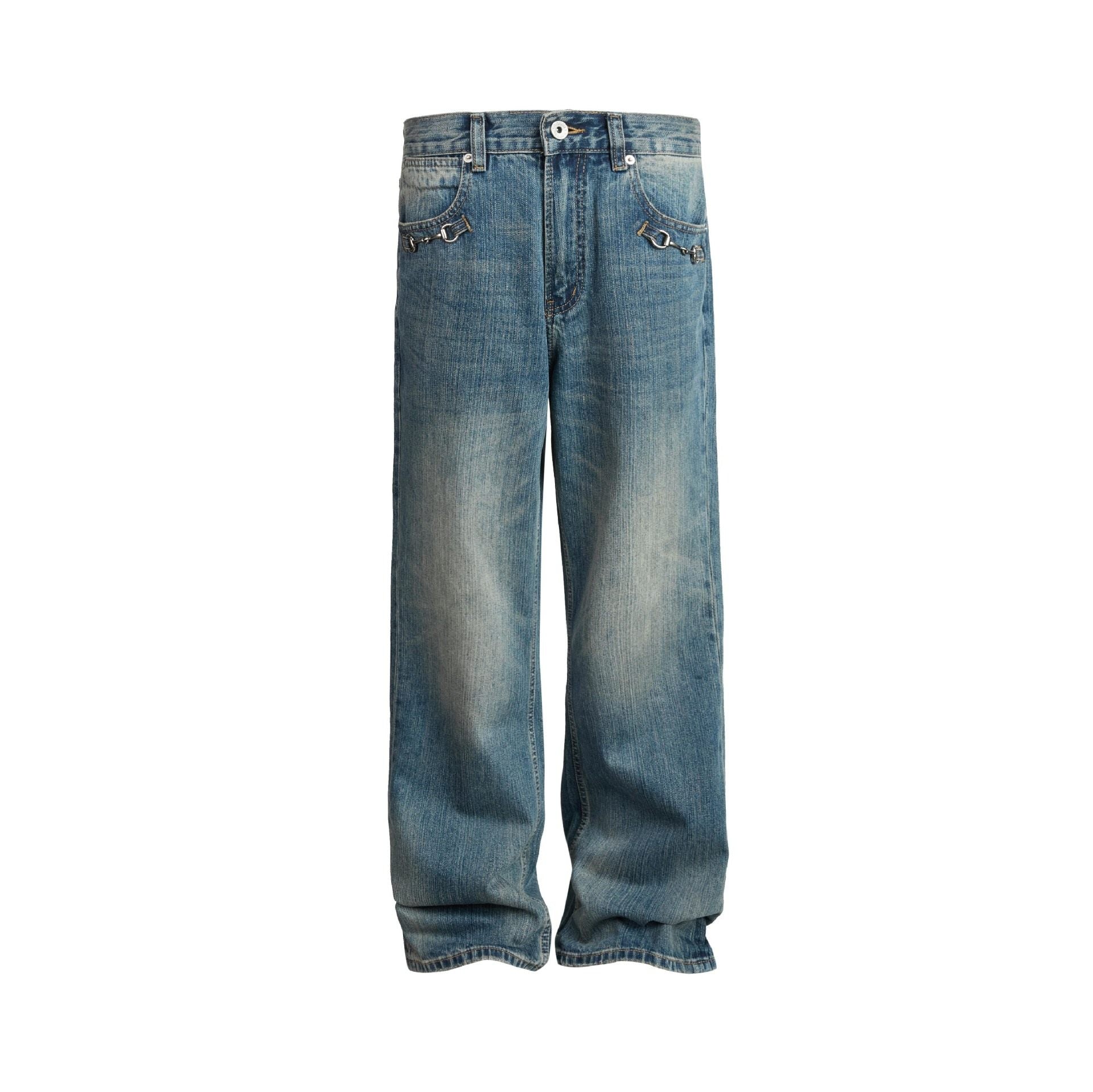 シルバーチェーン付き ヴィンテージウォッシュ デニムパンツ N6465