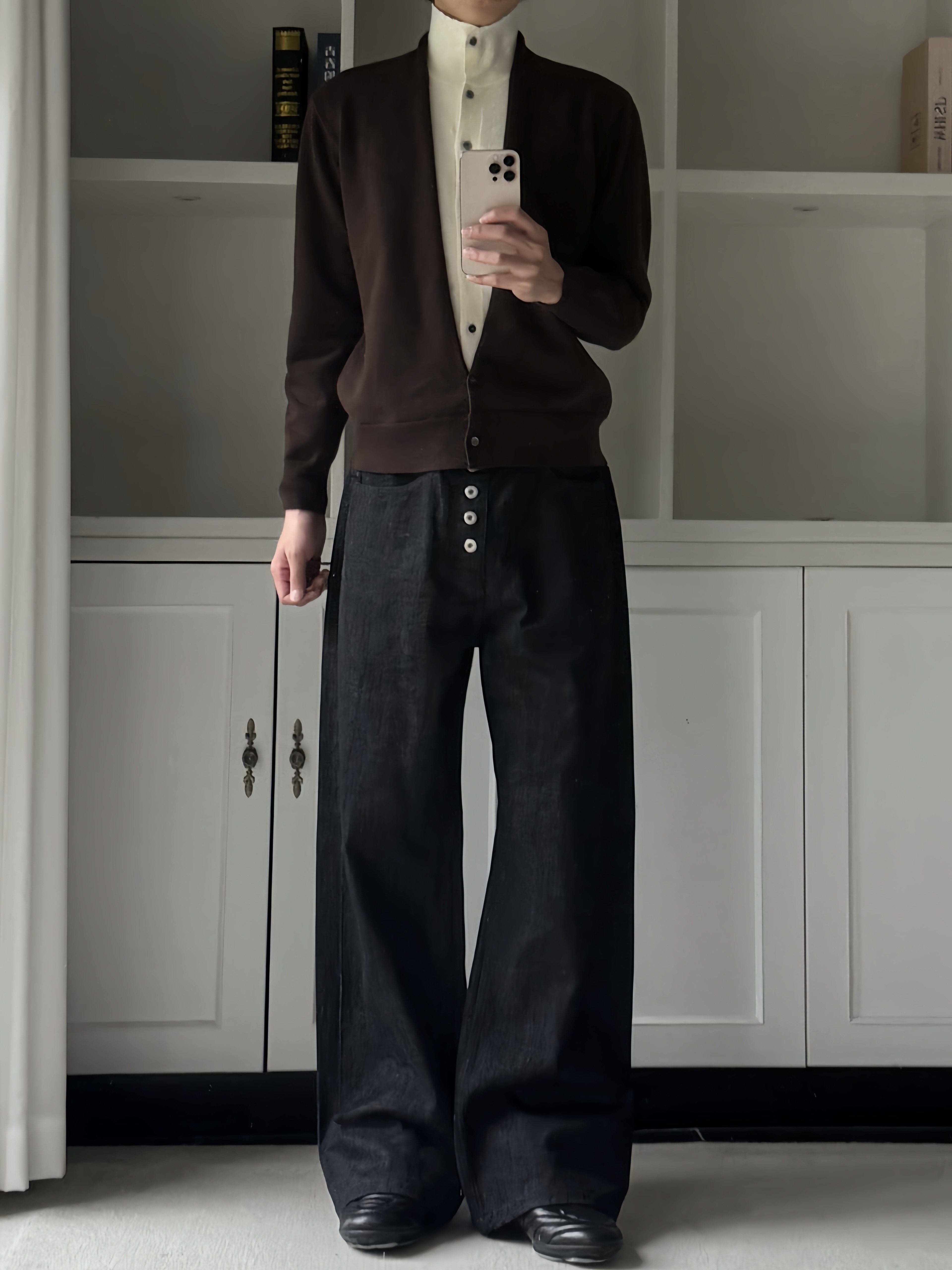 レイヤード風 バイカラー ハイネックニットカーディガン N6475