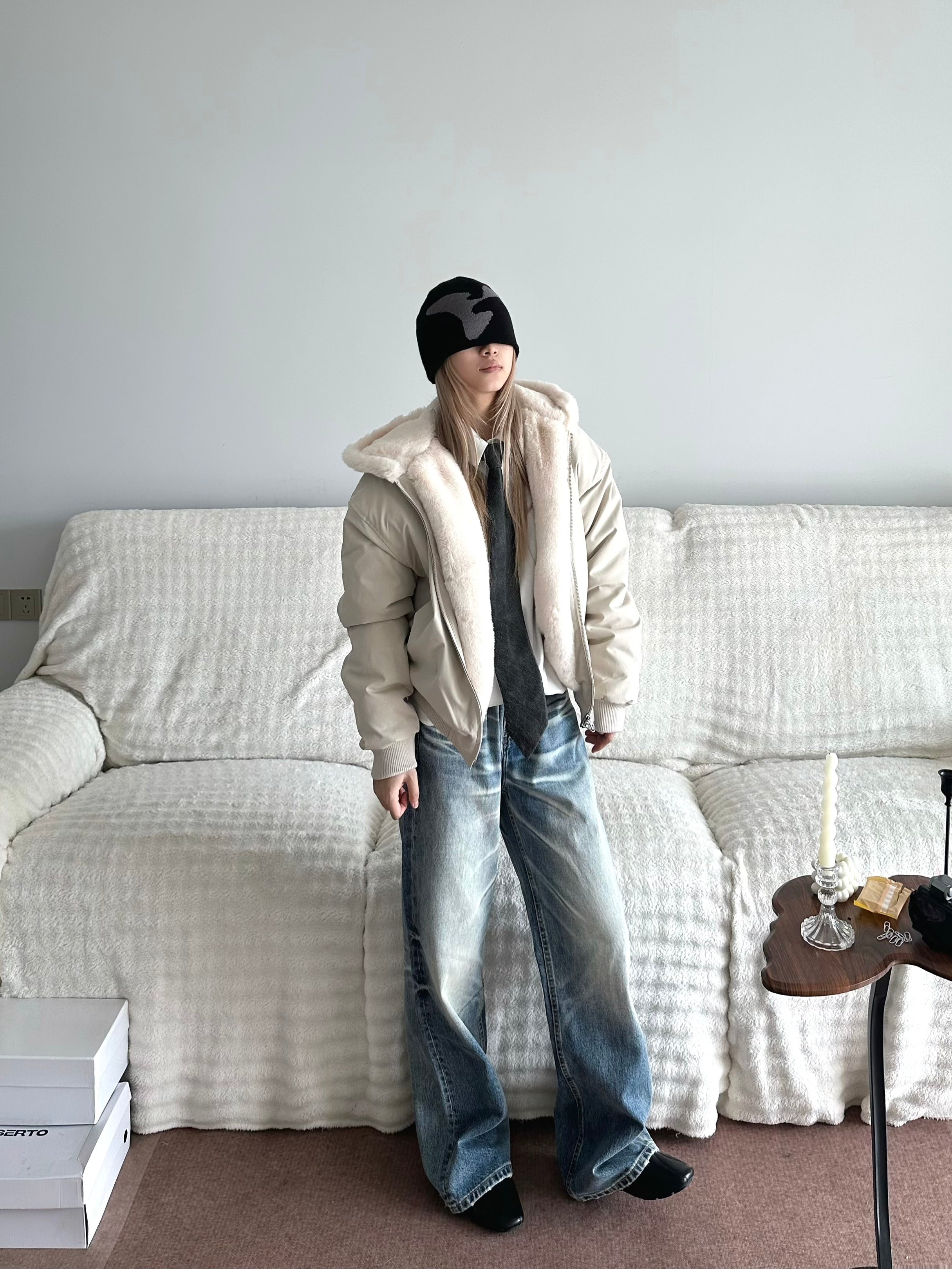 1500g仿ラビットファー裏地 フーデッド中綿ジャケット N6283