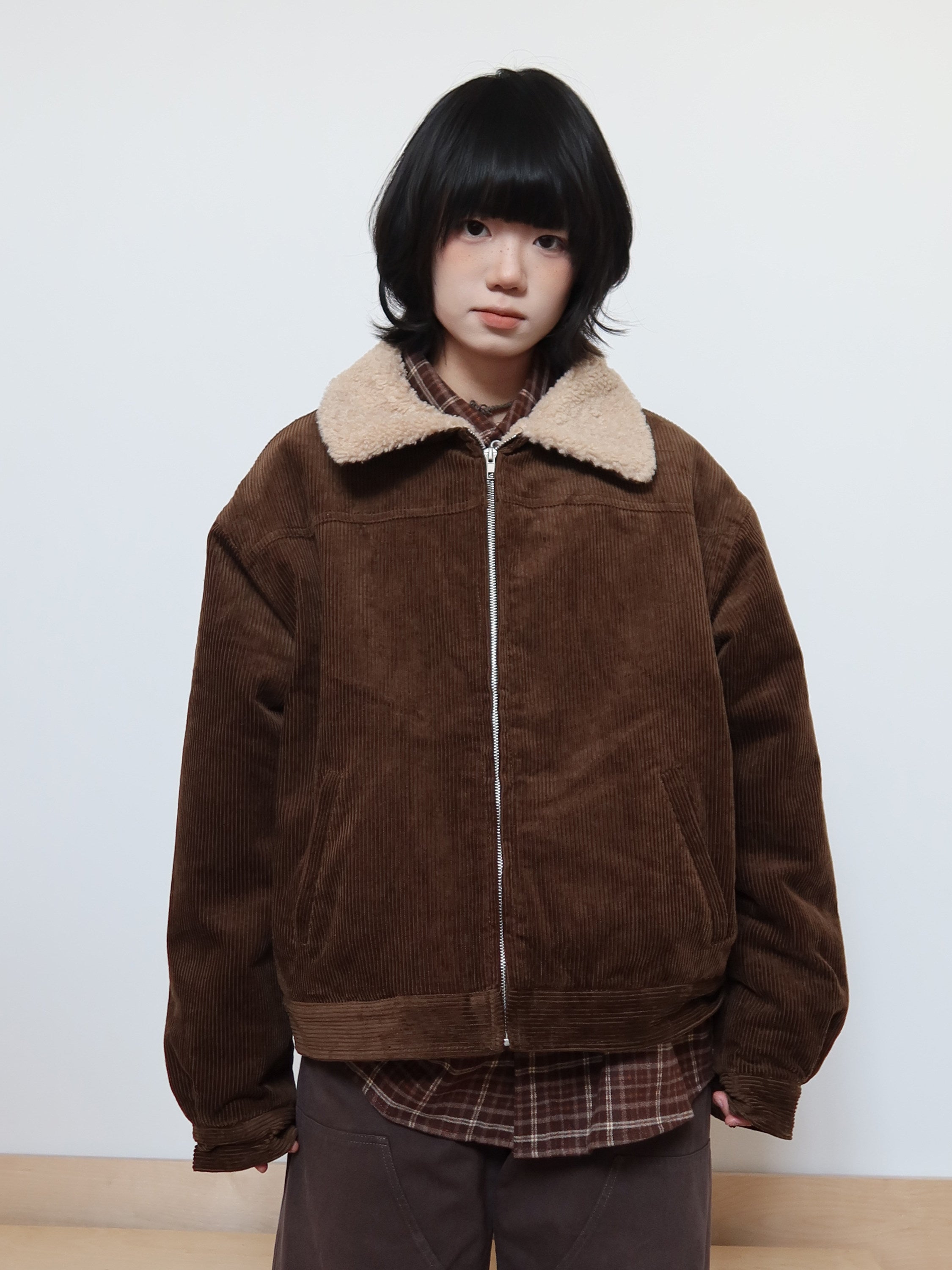 メラード調 コーデュロイ×ボア 襟付き中綿ジャケット N6372