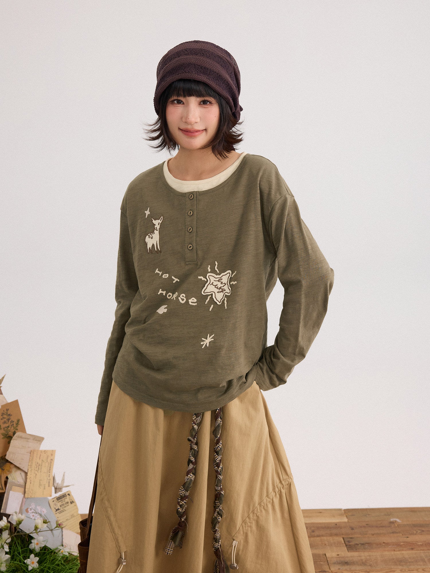 手描き刺繍 ヘンリーネックロンT N6678