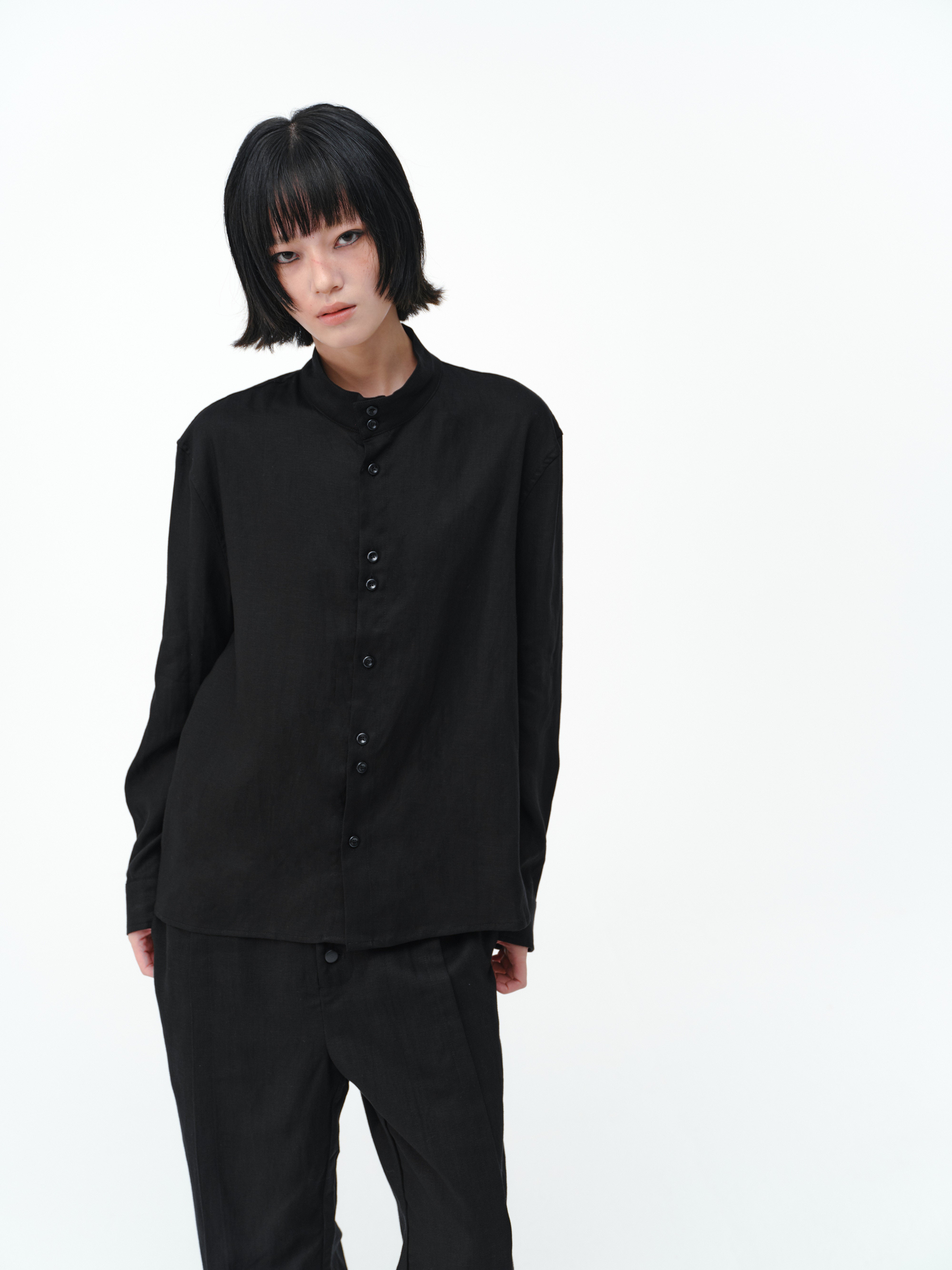 リネン混 スタンドカラー 非対称ボタンシャツ N6856