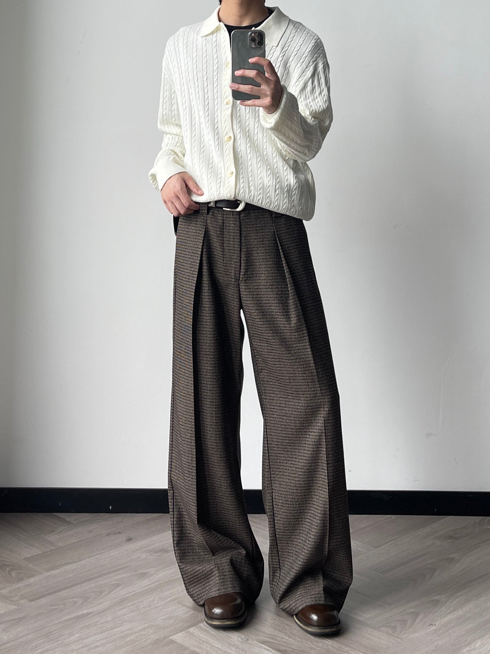 ウール混 千鳥ストライプワイドスラックス N6631