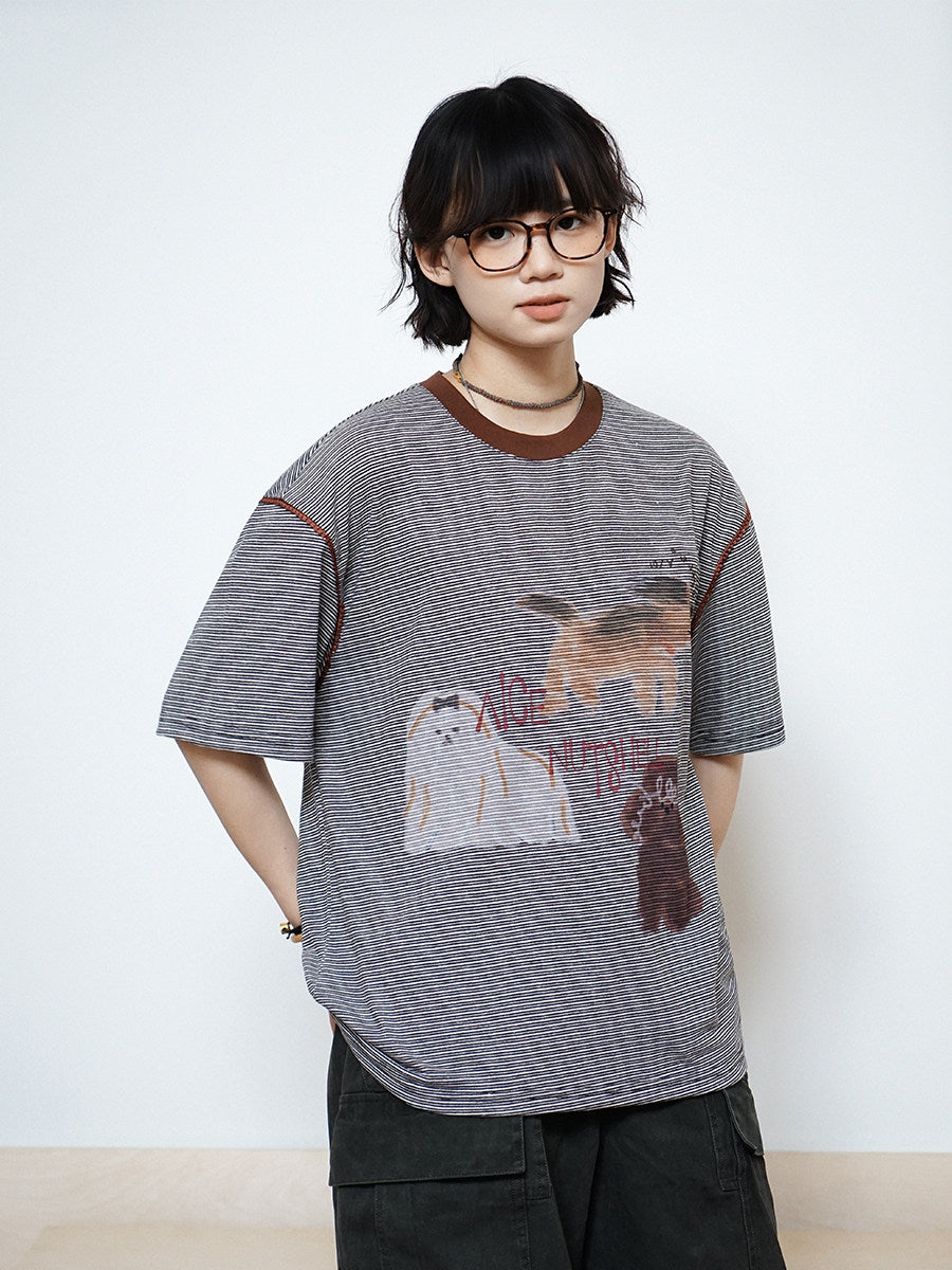 ピンボーダー アニマルグラフィック リンガーTシャツ N6868
