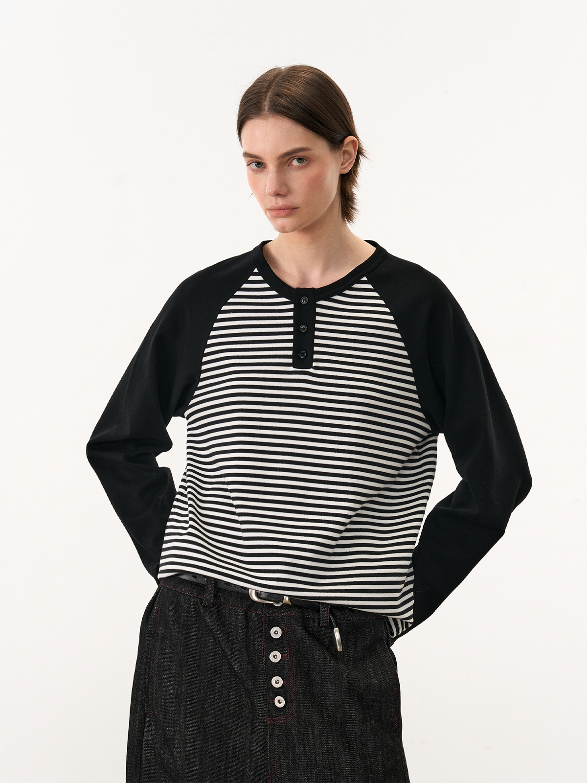 配色ボーダー ラグラン ヘンリーロングT N6584