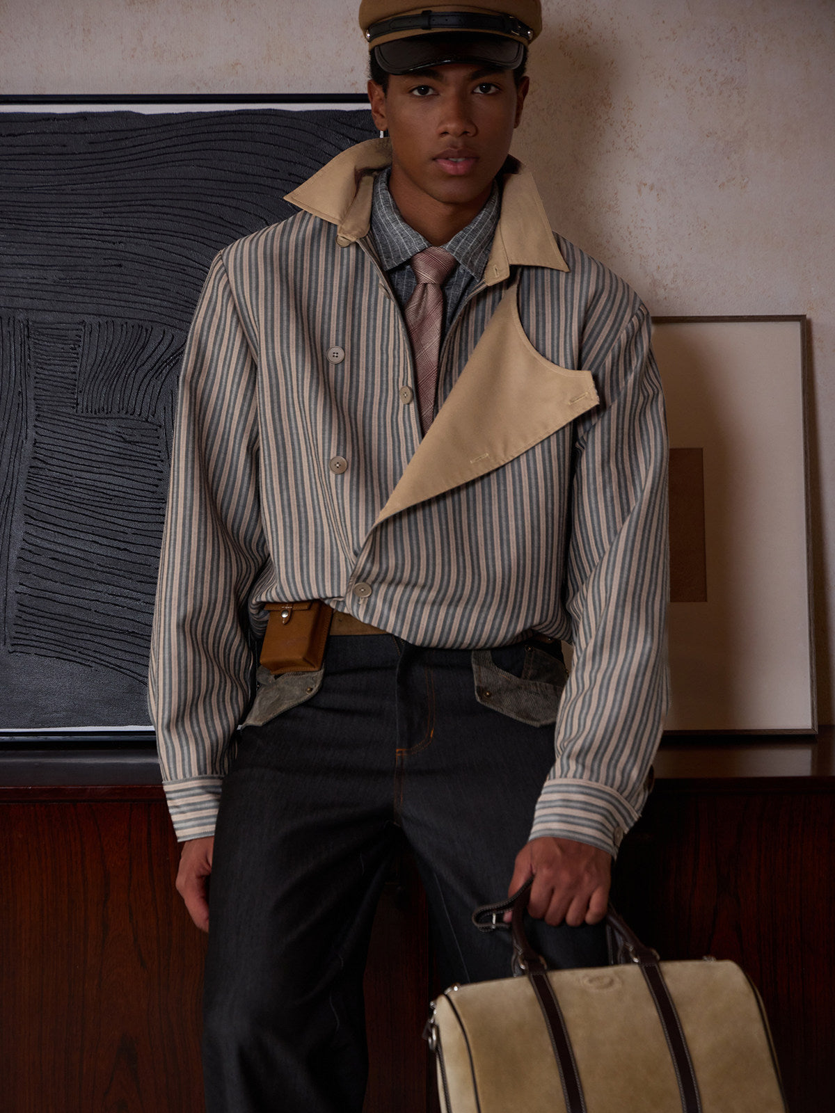 ストライプ解構 スタンドカラー ボタンジャケット N6390