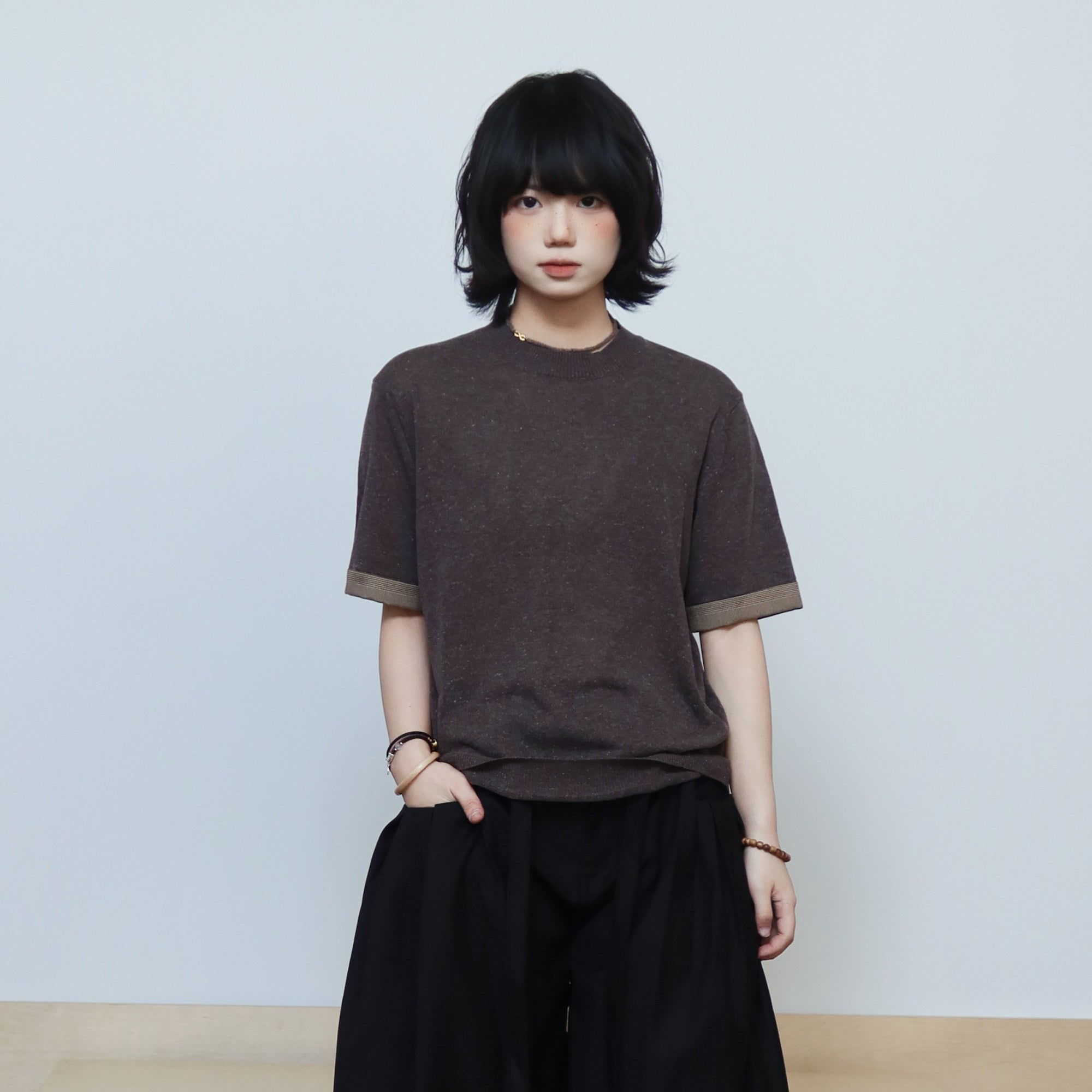 リヨセル混 千鳥格子カフス ニットTシャツ N6953