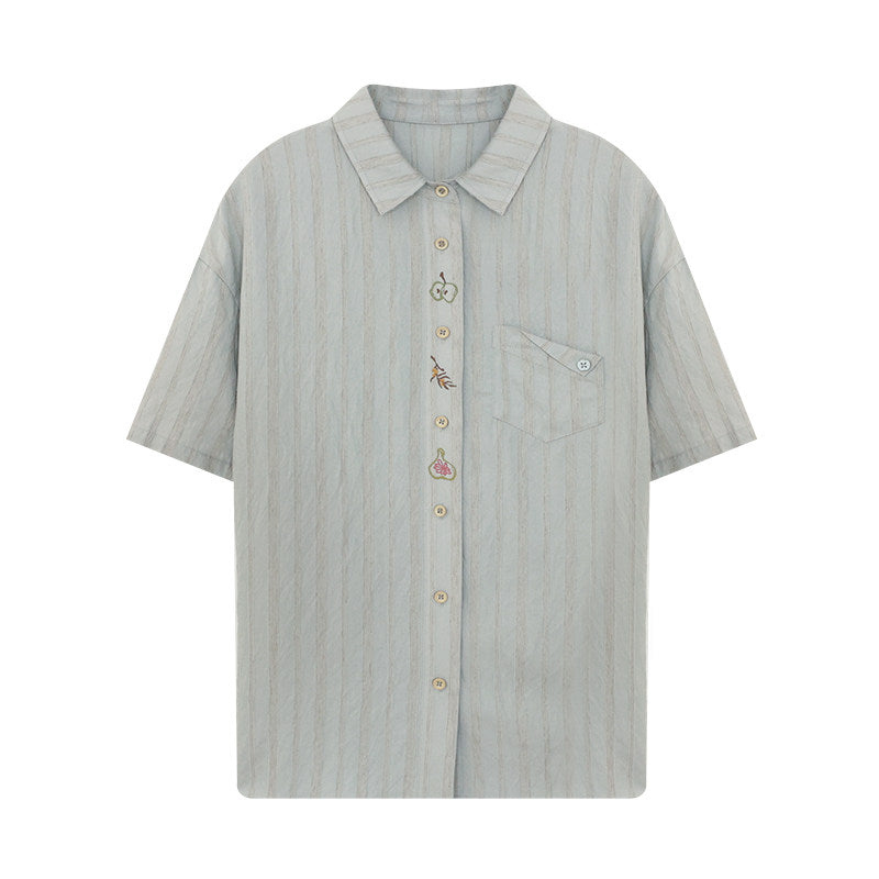 コットンリネン ストライプ 刺繍 半袖シャツ N6863
