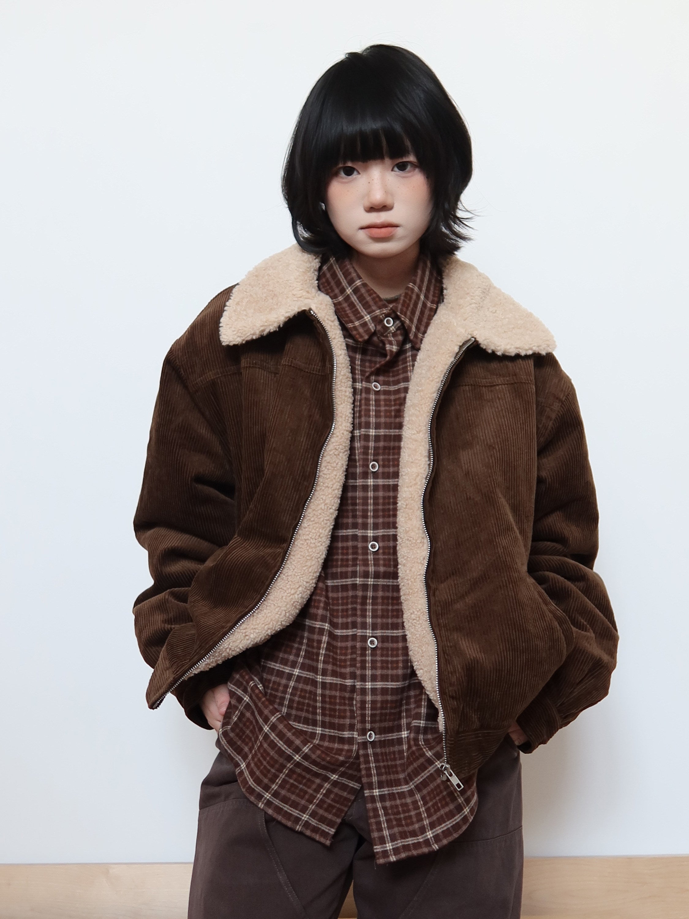 メラード調 コーデュロイ×ボア 襟付き中綿ジャケット N6372