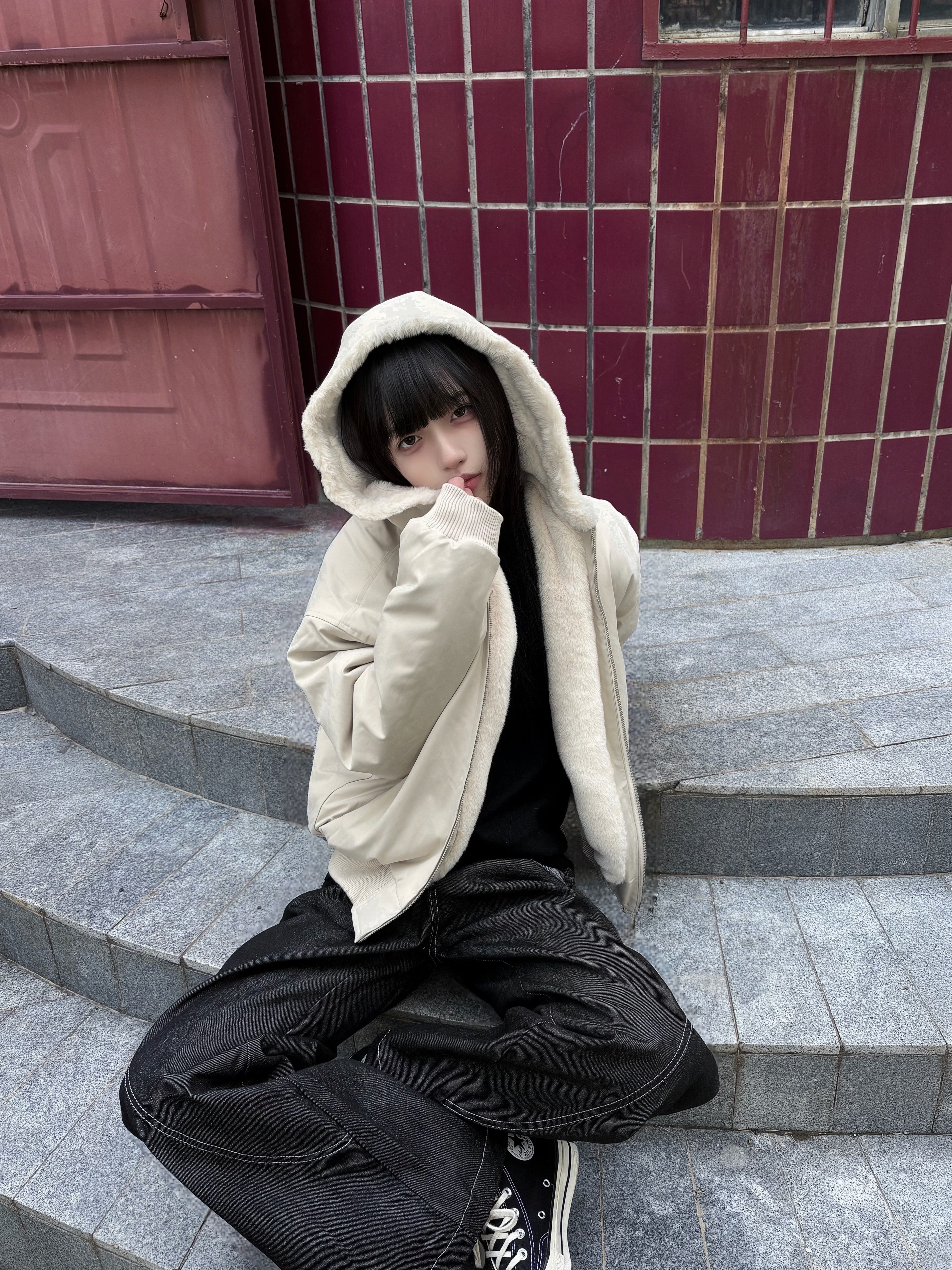 1500g仿ラビットファー裏地 フーデッド中綿ジャケット N6283