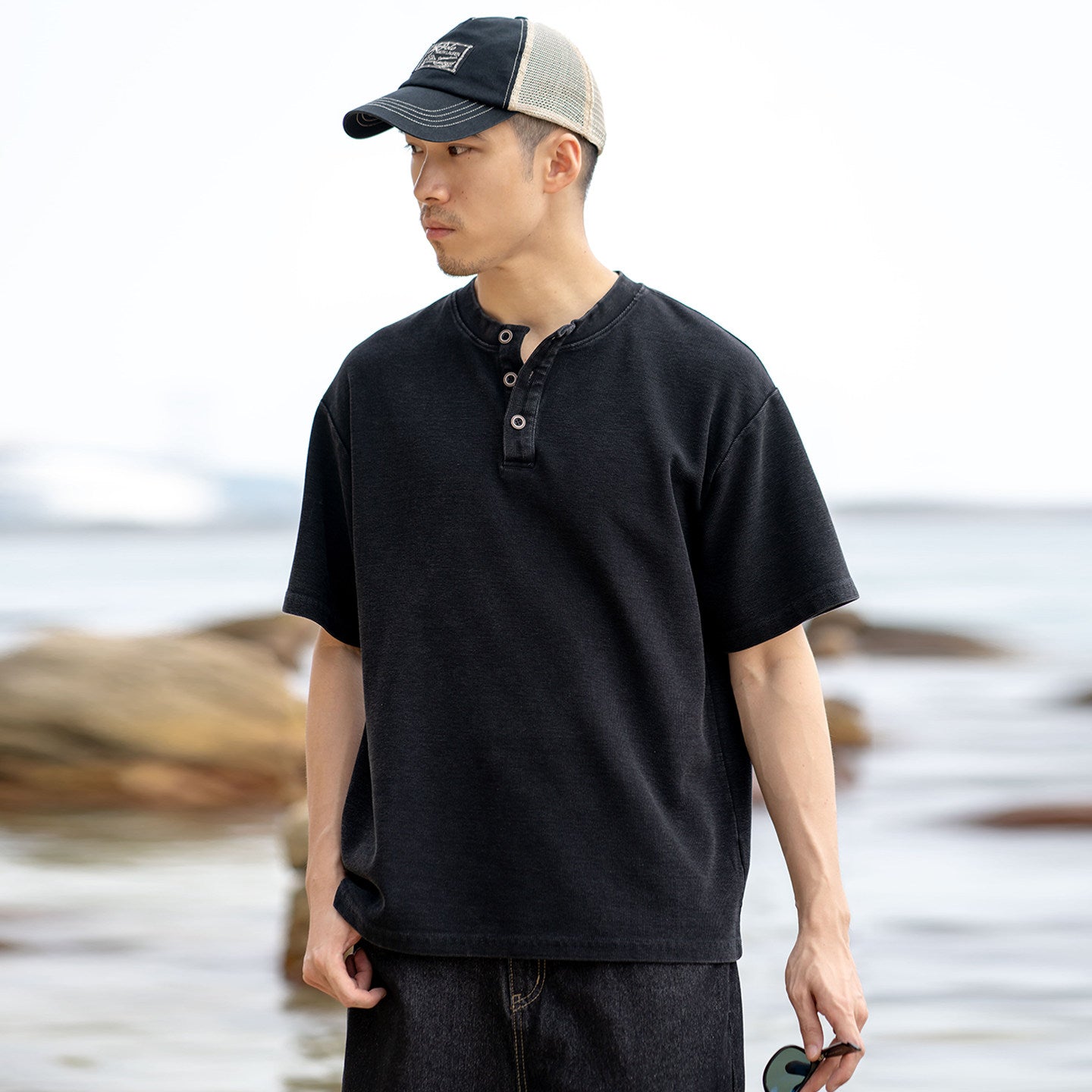 【325G】コットンワッフル生地ヘンリーネックT N7136