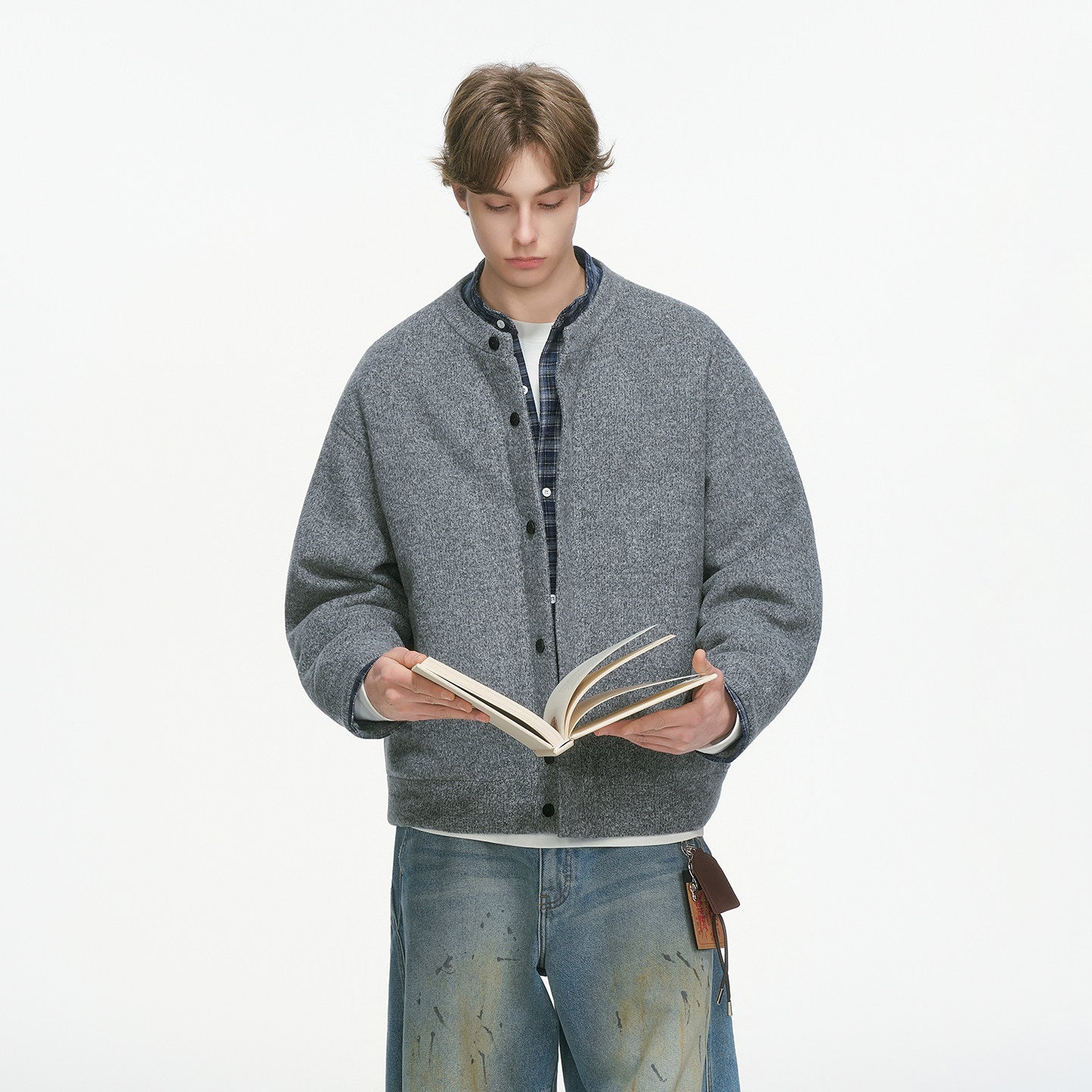 ウールモッサ×チェック 中綿入りフェイクレイヤードダウン N6334