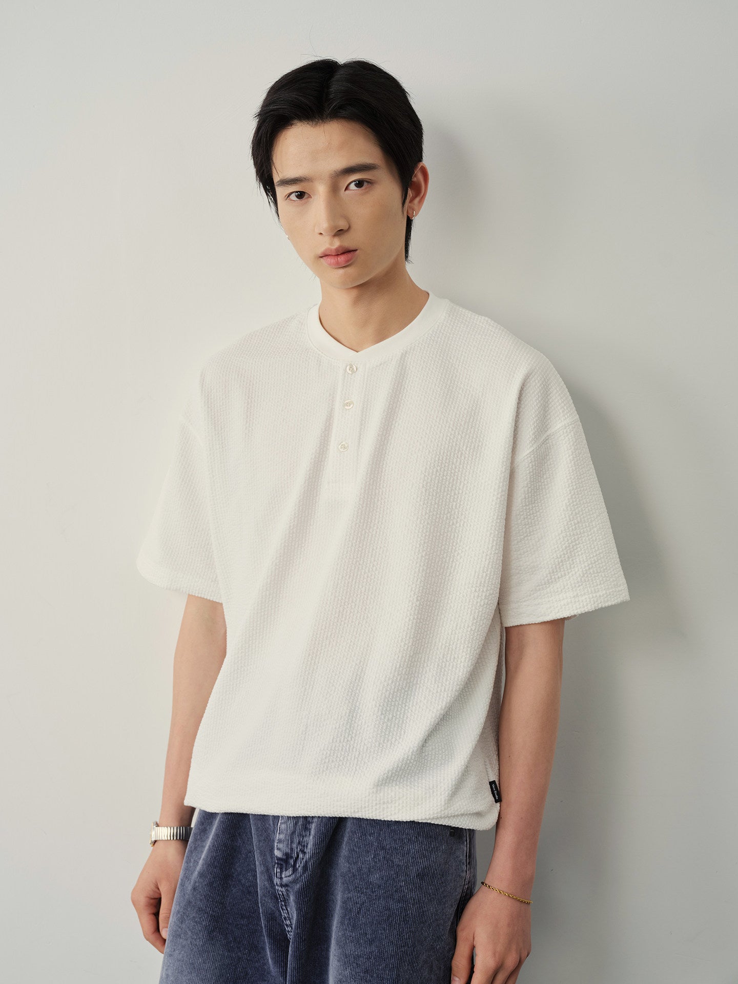 ワッフル地 ヘンリーネック 裾ドロスト Tシャツ N6981