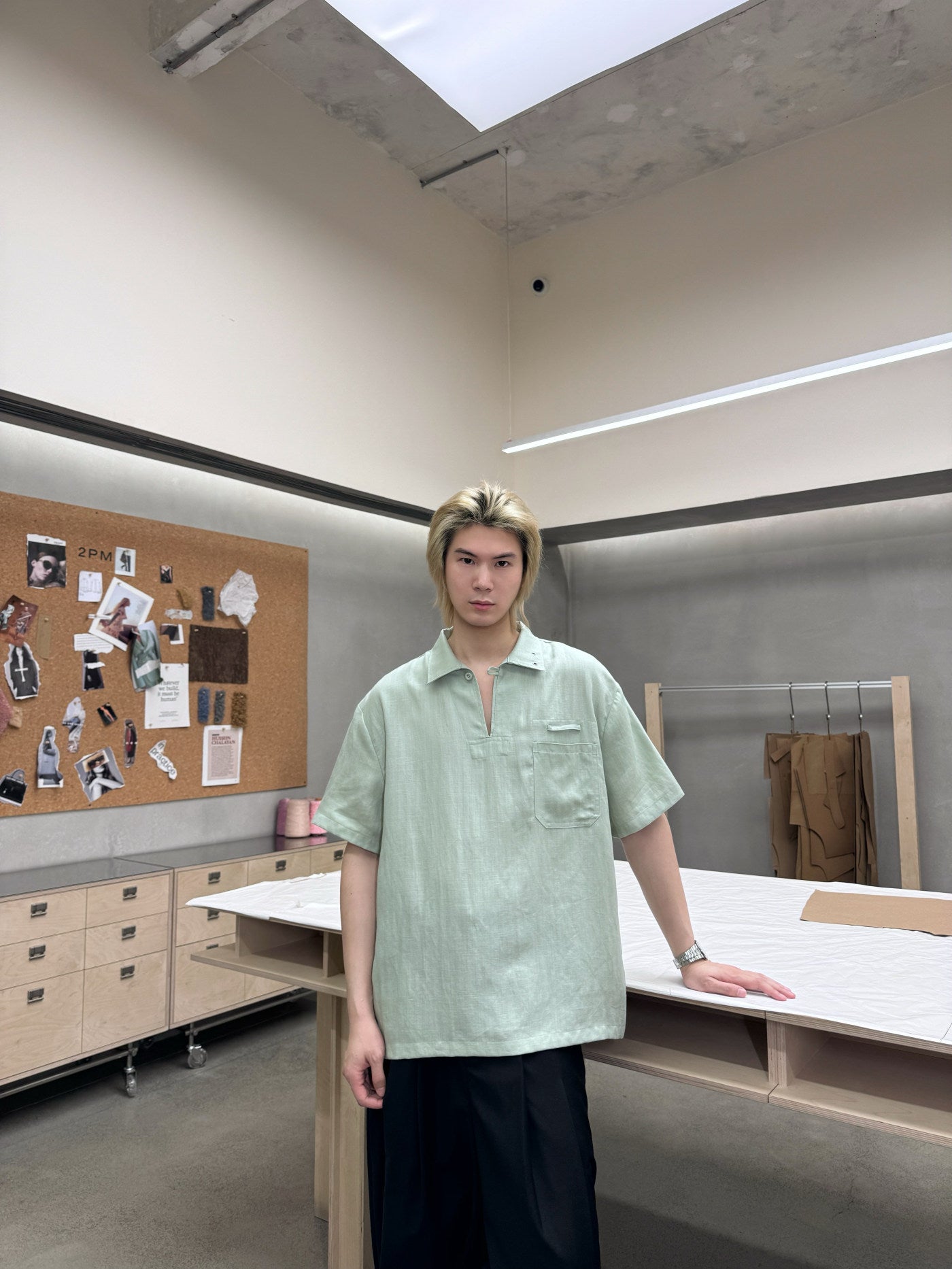 リネン混 ヘリンボーン Vネック オーバーシャツ N6844