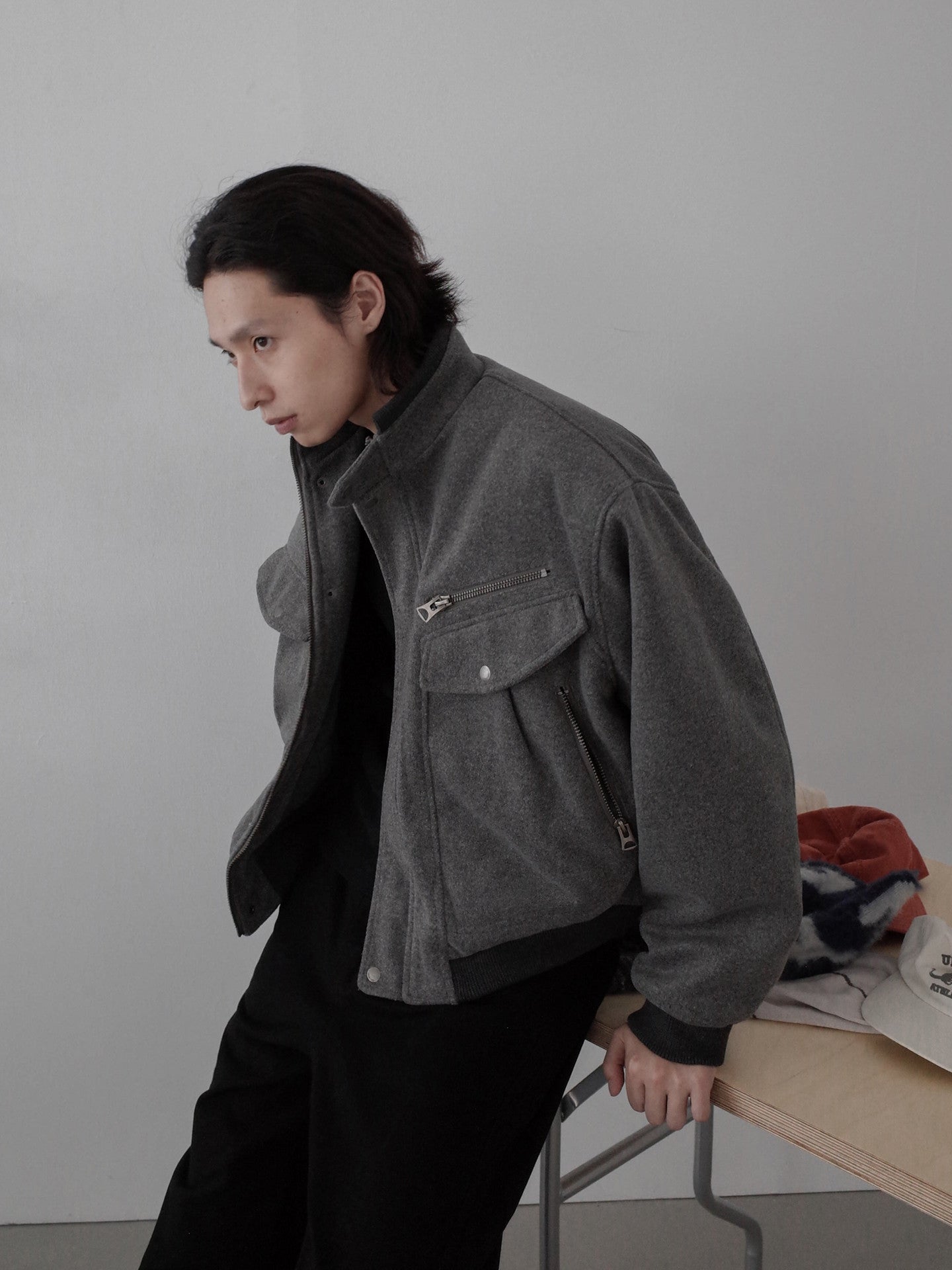 スタンドカラー ウール調ボクシーワークジャケット N6349