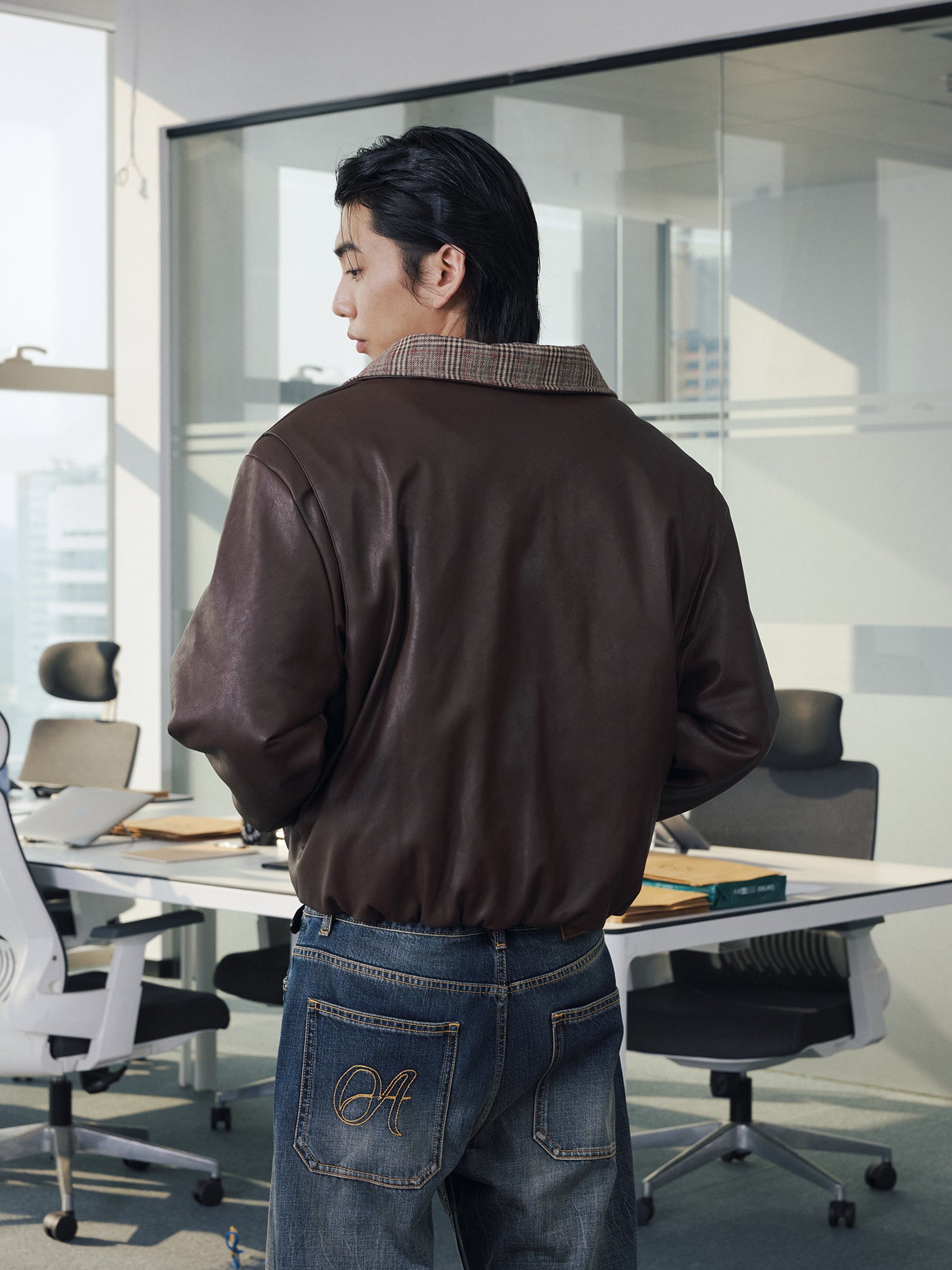 千鳥格子レザーカラー・中綿ボンバージャケット N6190