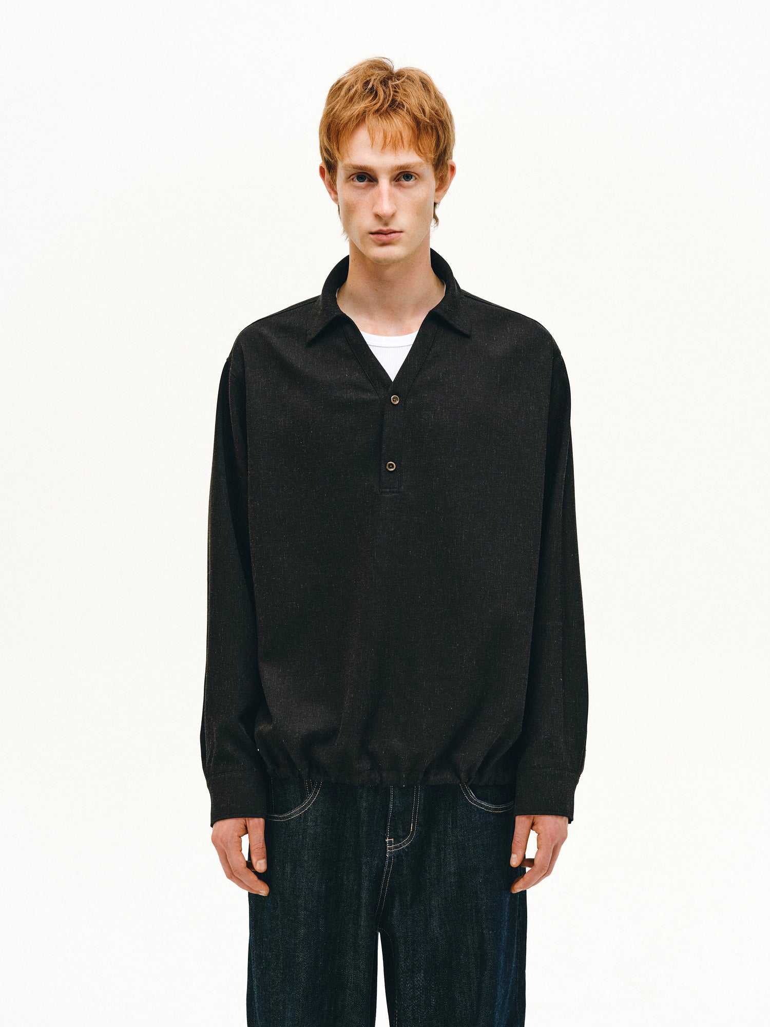 ドローストリング リネンブレンド プルオーバー ポロシャツ/ polo shirt N5596