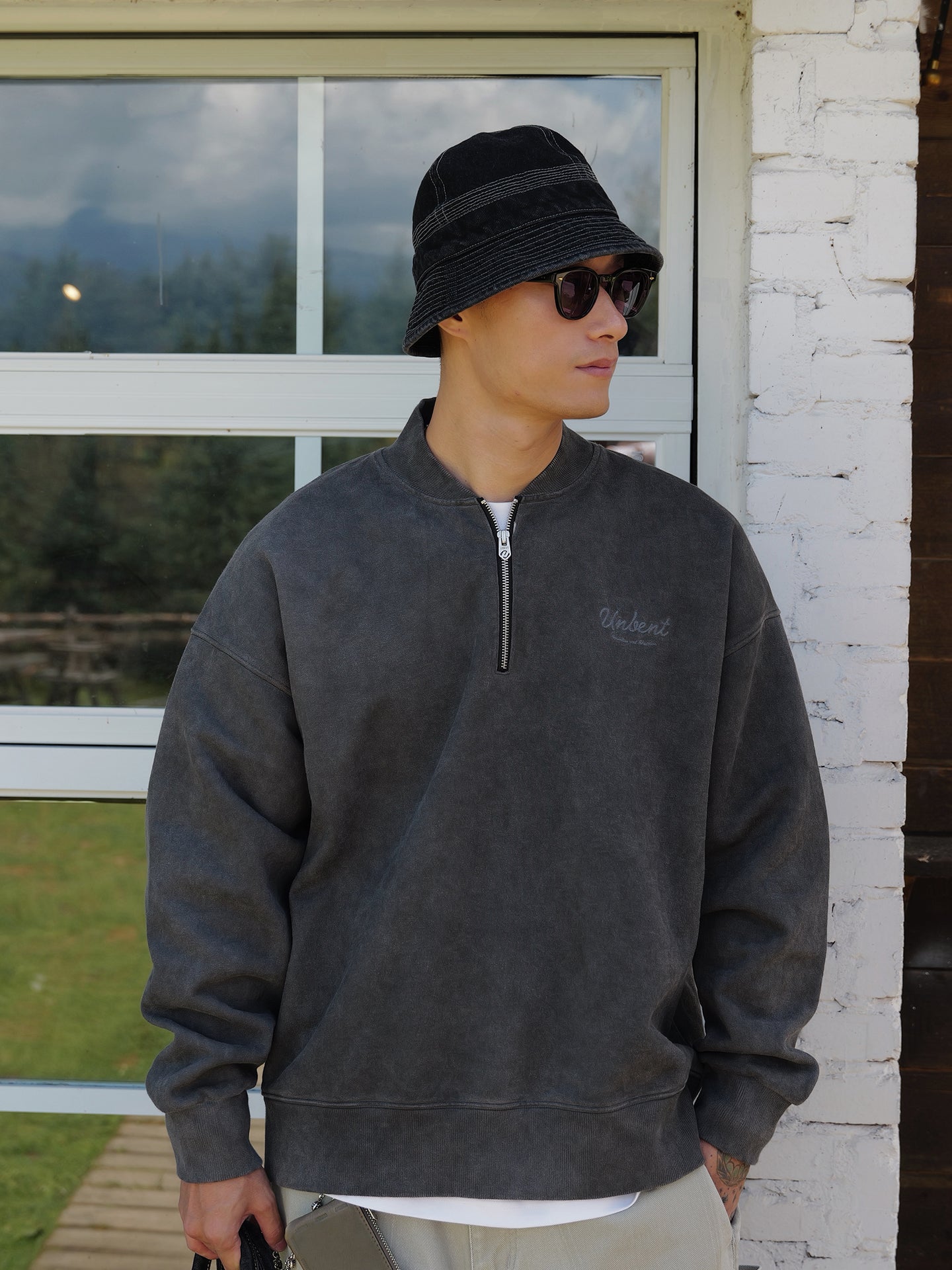 【500G】ウォッシュド ロゴ刺繍 ハーフジップスウェット N6255