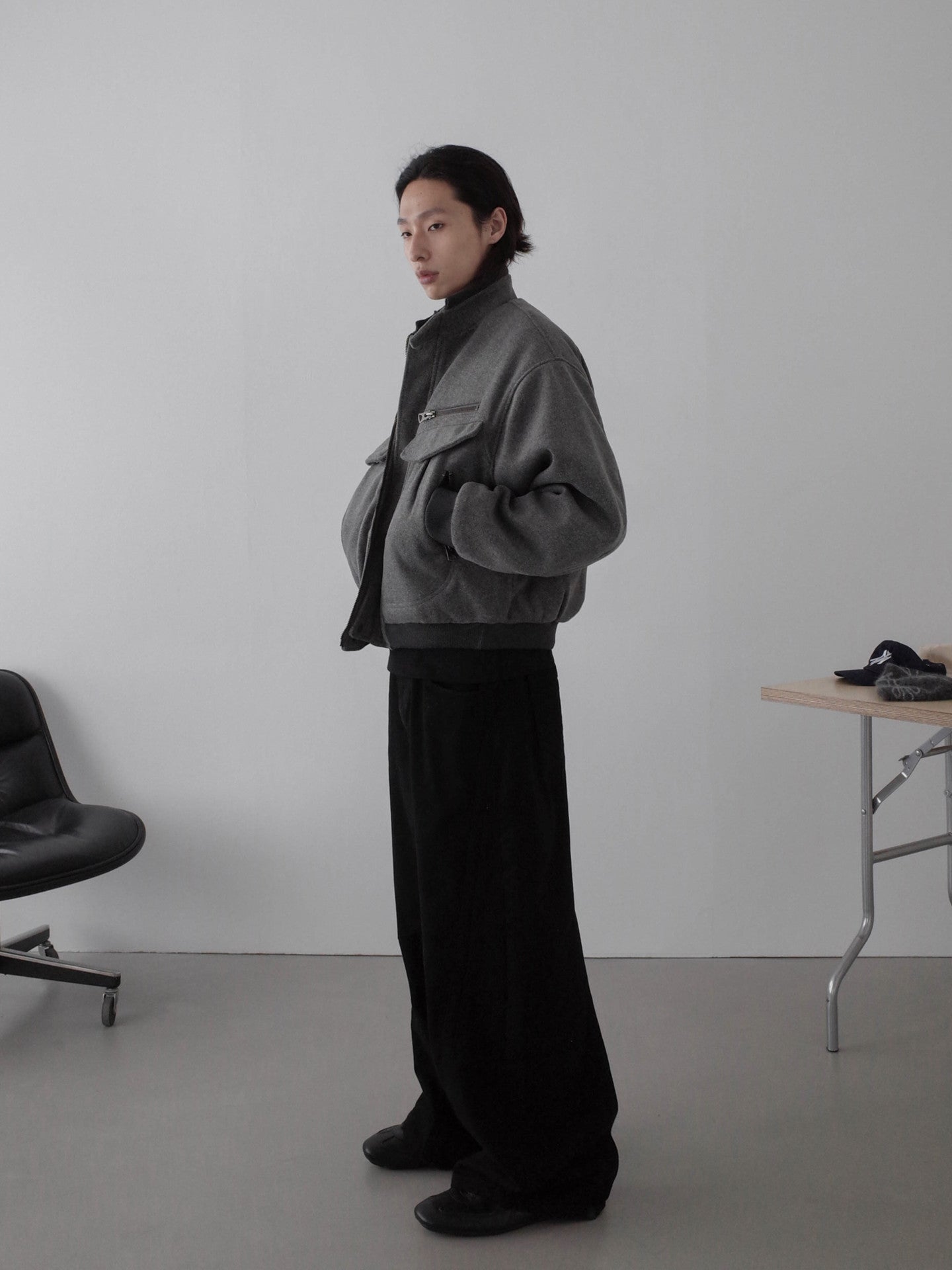 スタンドカラー ウール調ボクシーワークジャケット N6349