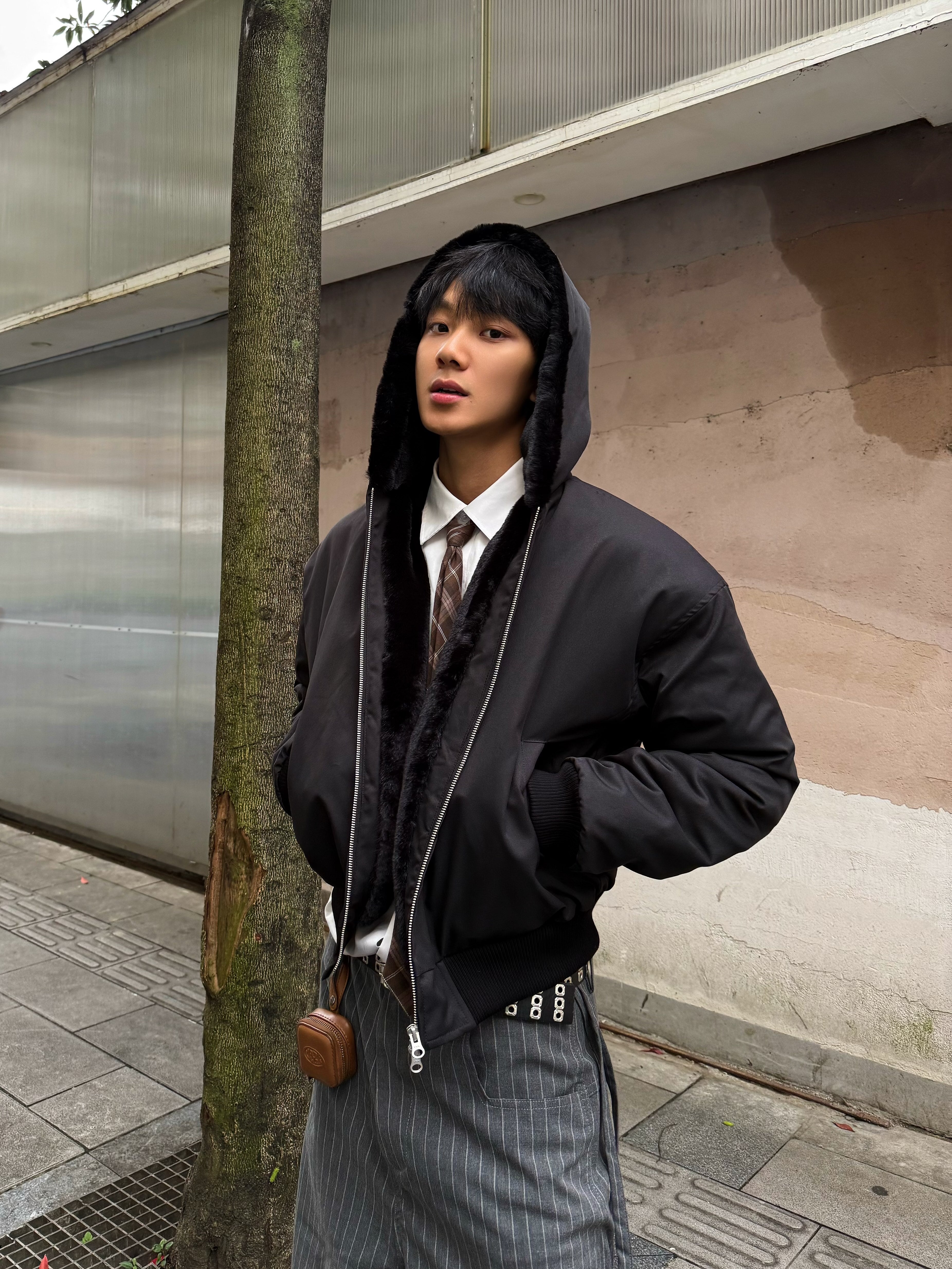 1500g仿ラビットファー裏地 フーデッド中綿ジャケット N6283