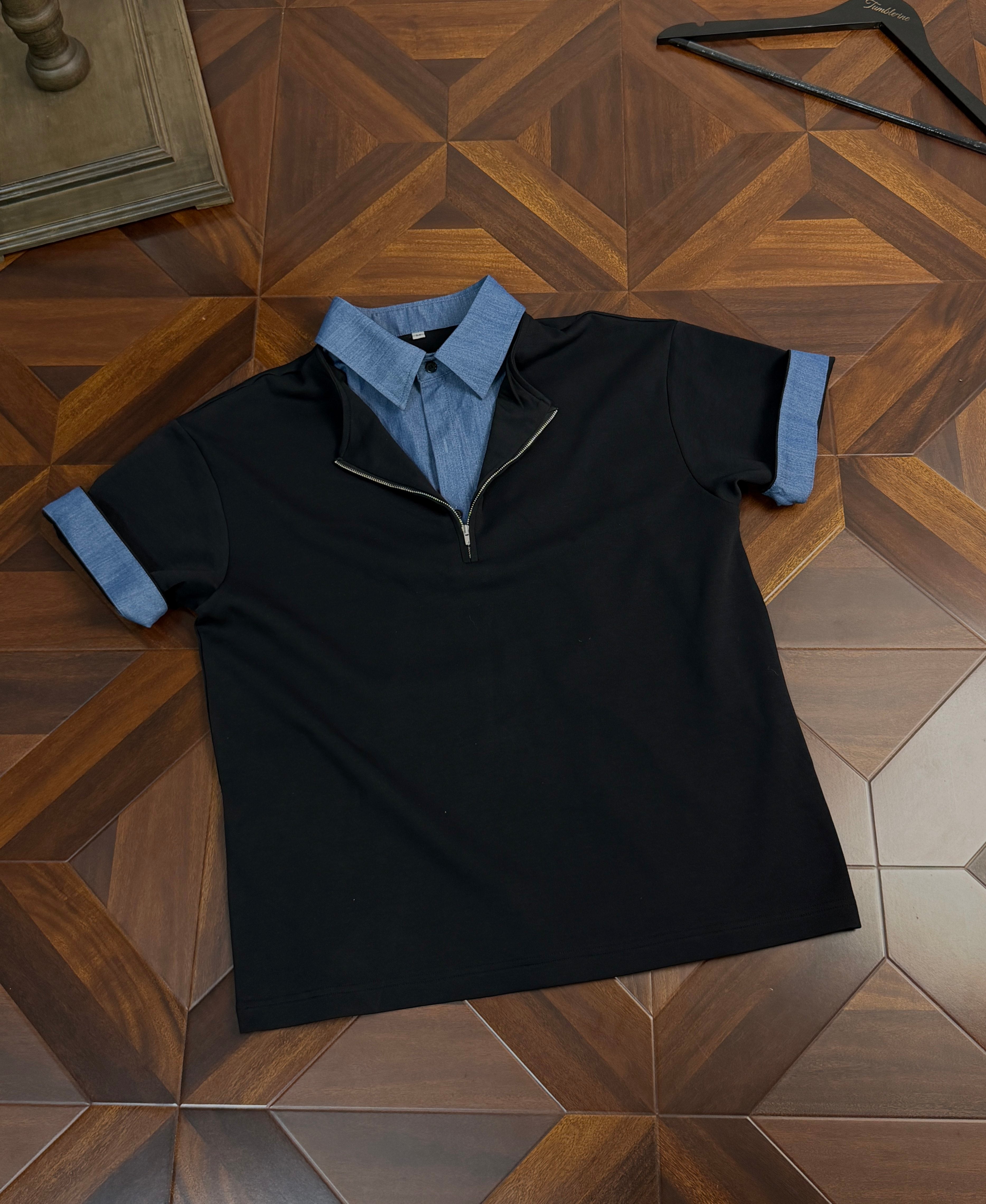 千鳥格子 フェイクレイヤード ハーフジップ ポロT N6847