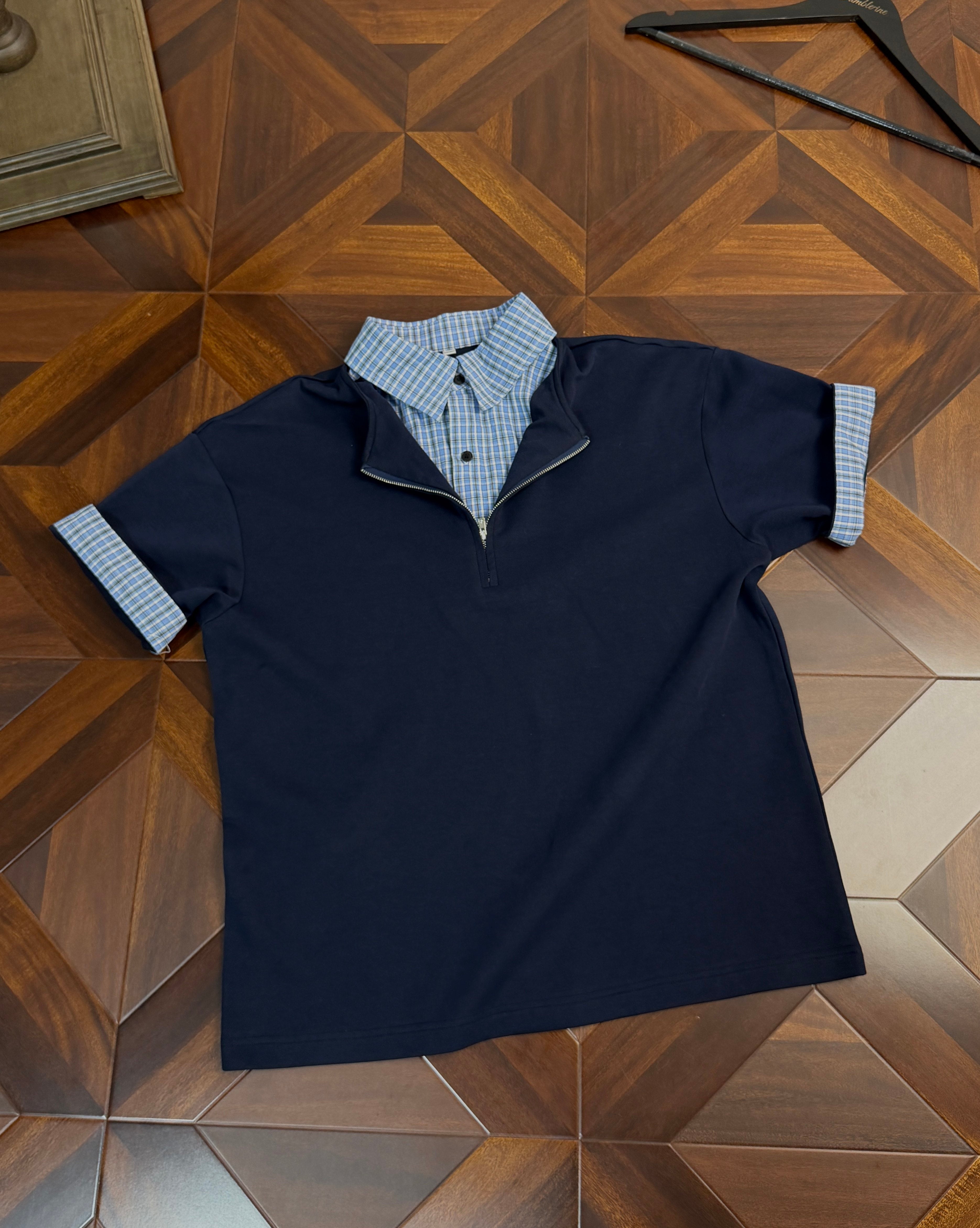 千鳥格子 フェイクレイヤード ハーフジップ ポロT N6847