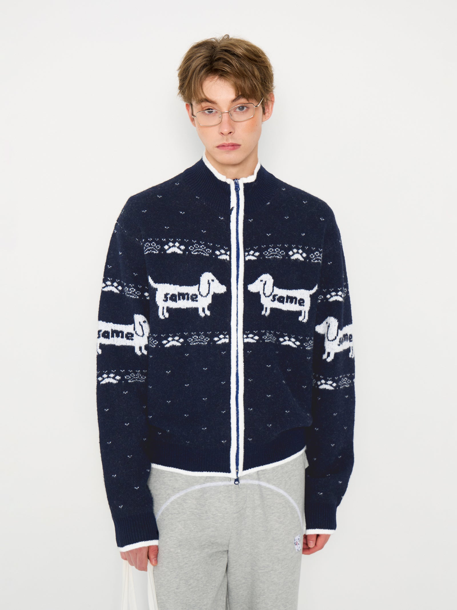 ドッグジャカード ウール混 リラックスニットカーディガン N6311