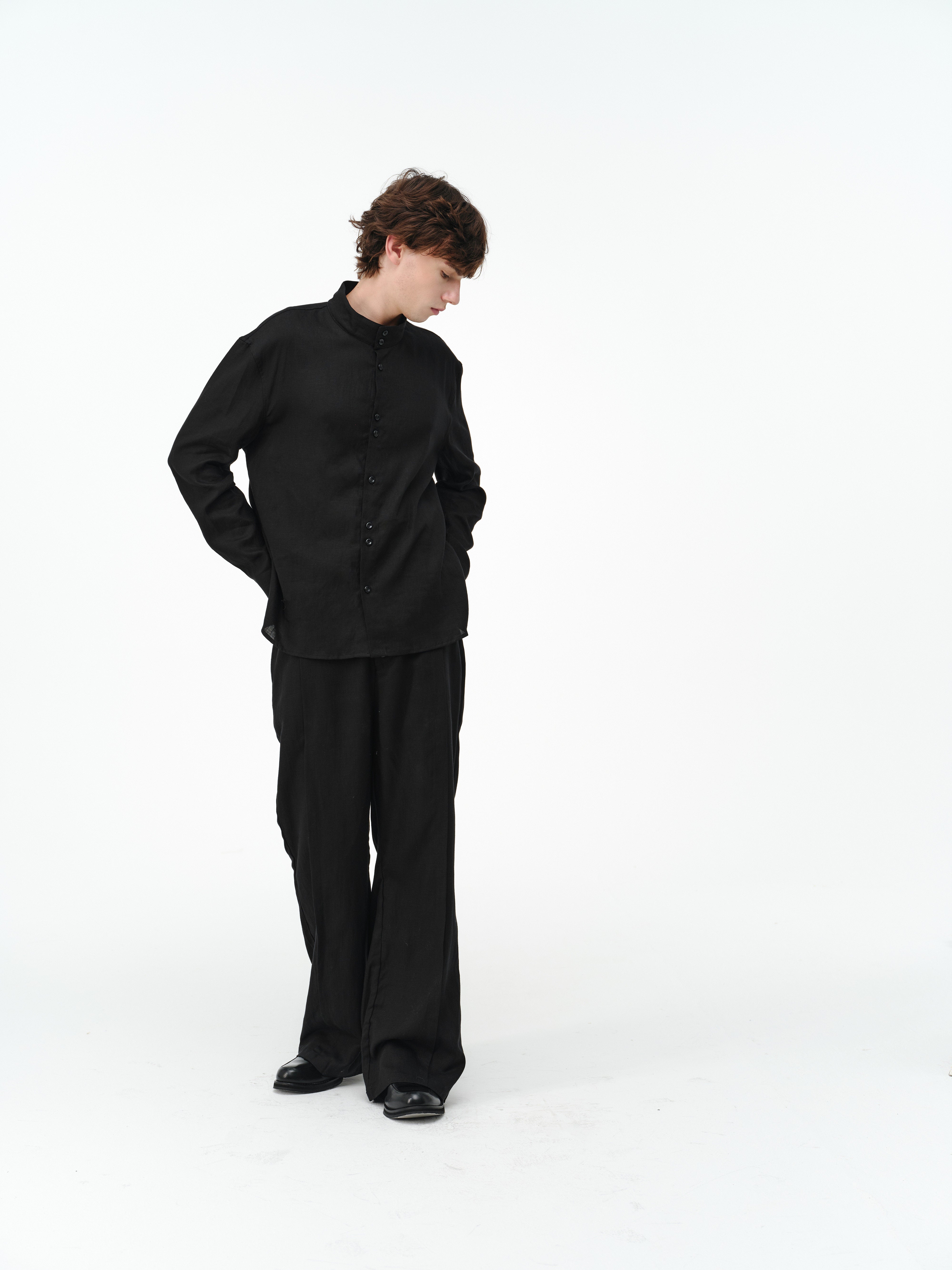 リネン混 スタンドカラー 非対称ボタンシャツ N6856