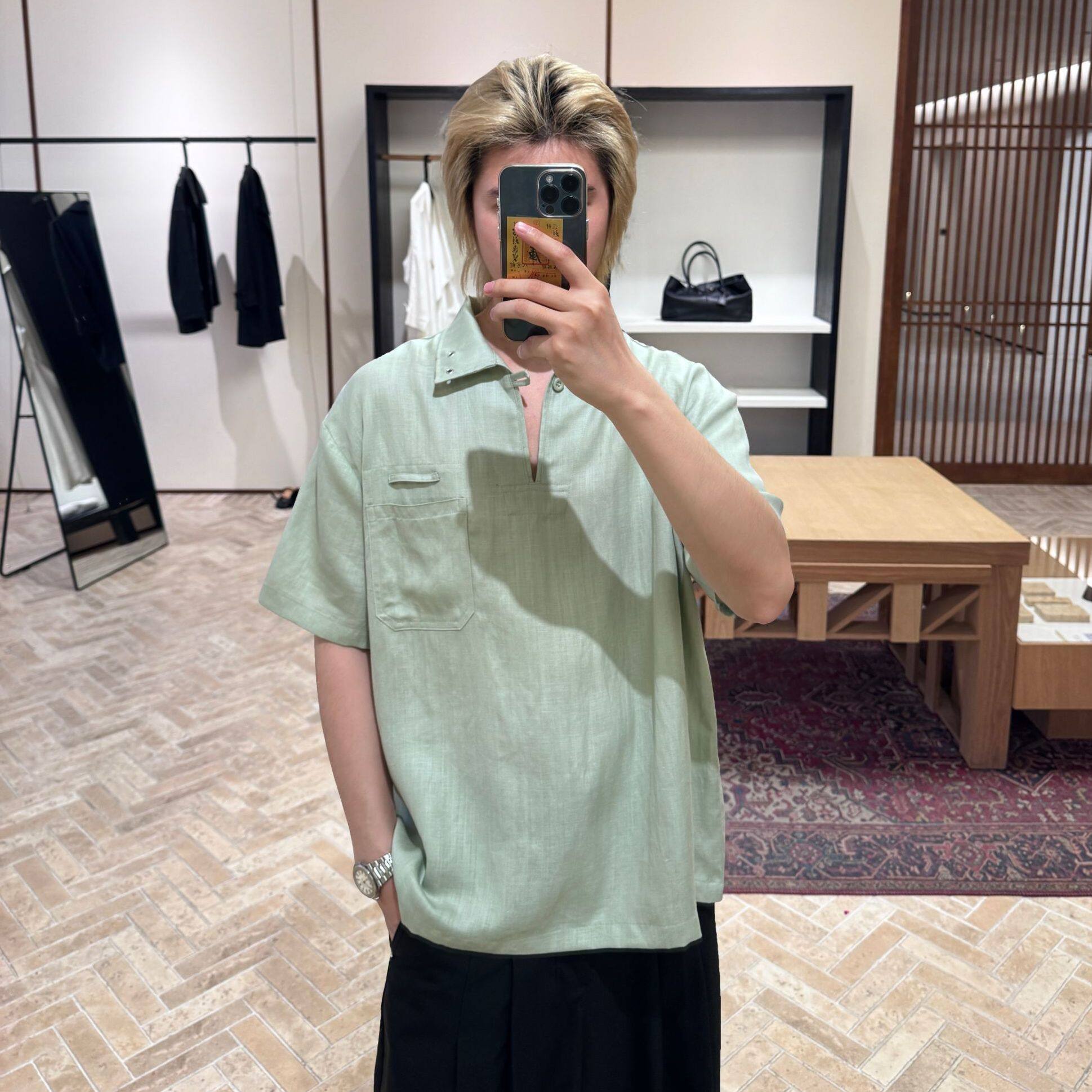 リネン混 ヘリンボーン Vネック オーバーシャツ N6844