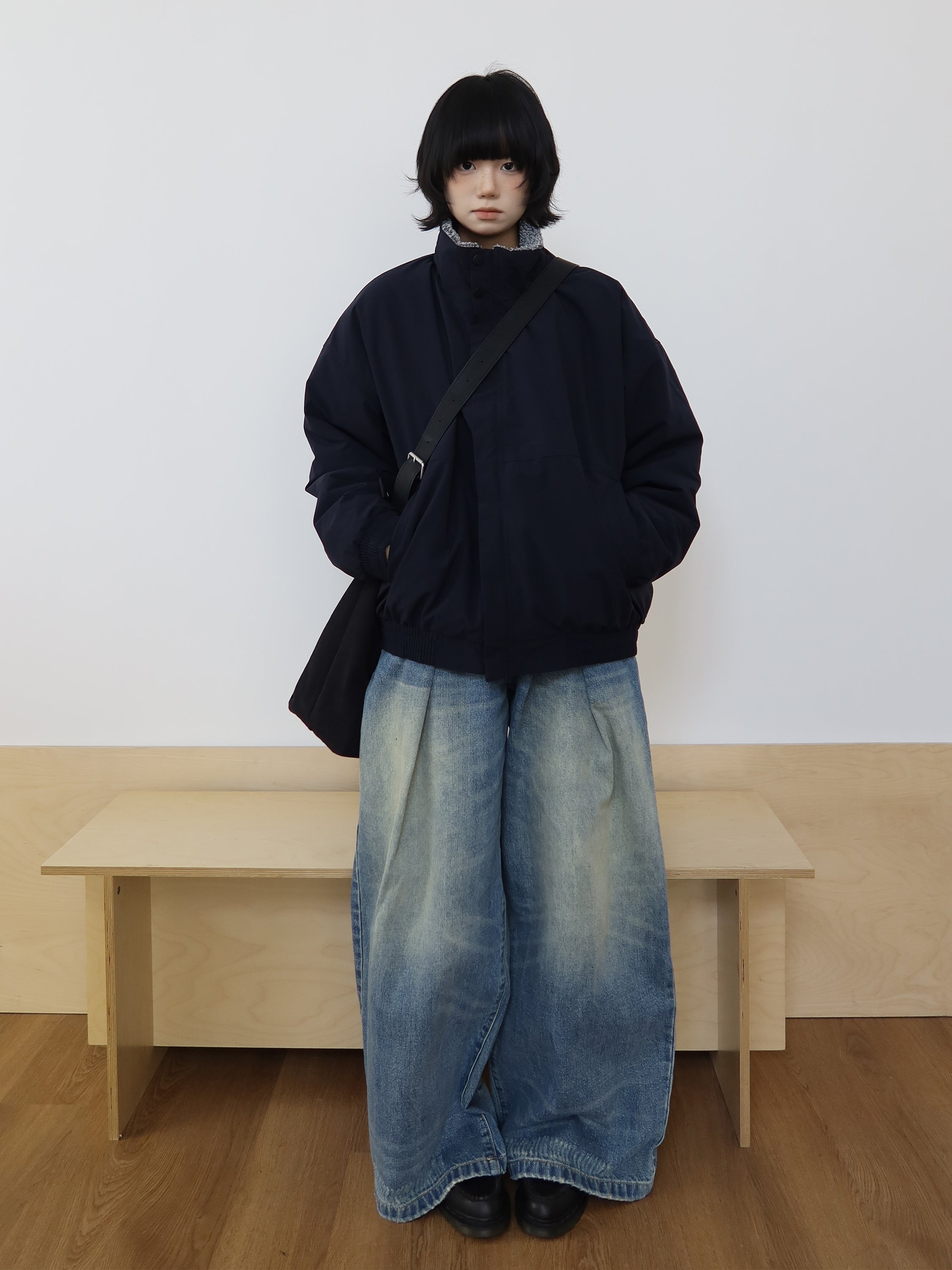 スタンドカラー ボア裏地 ネイビー中綿ジャケット N6319
