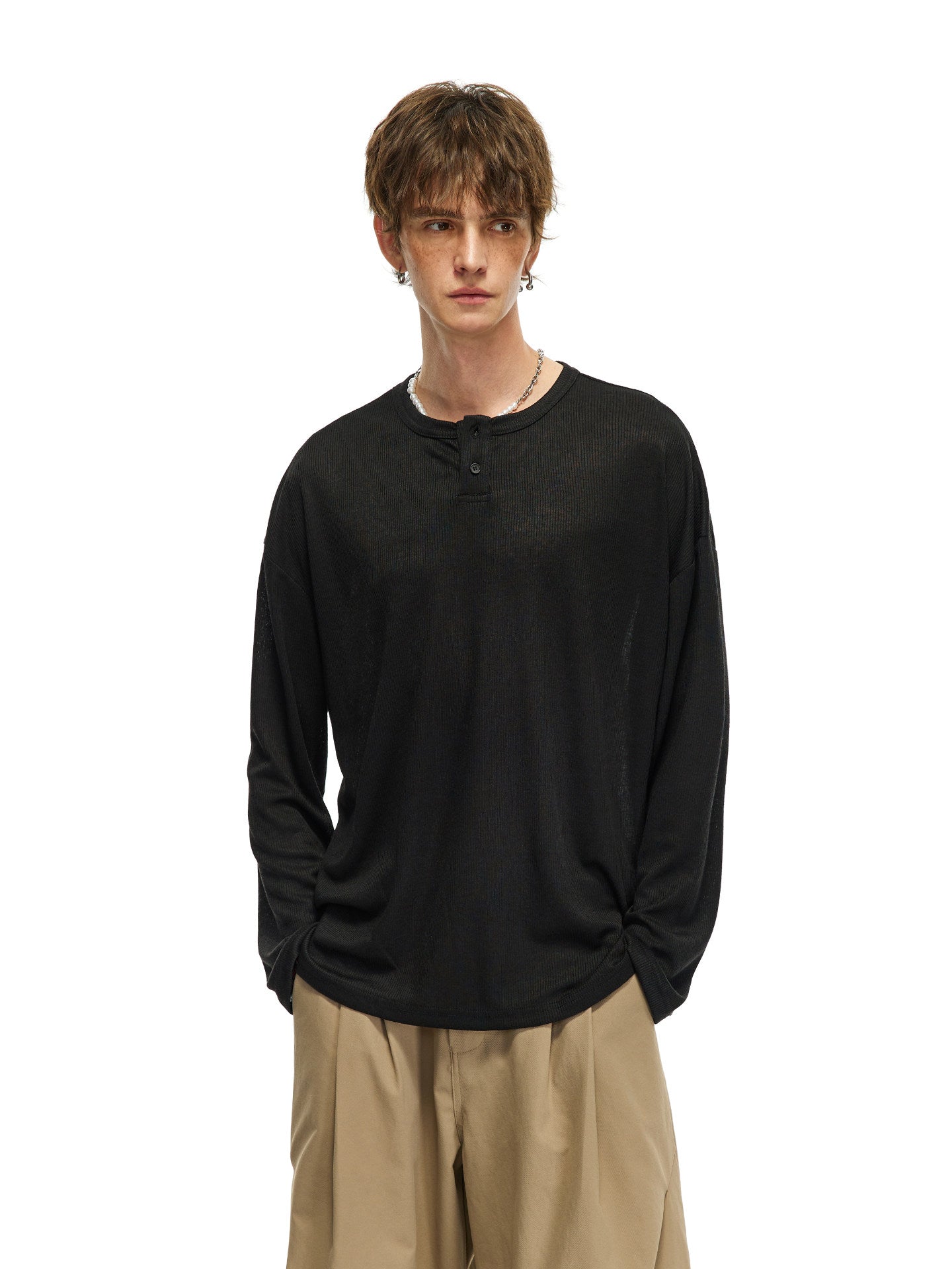 リネン混 ヘンリーネック ロングスリーブカットソー N6803