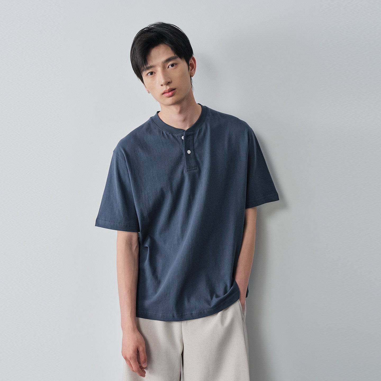 コットン100% ヘンリーネック リラックスTシャツ N7045