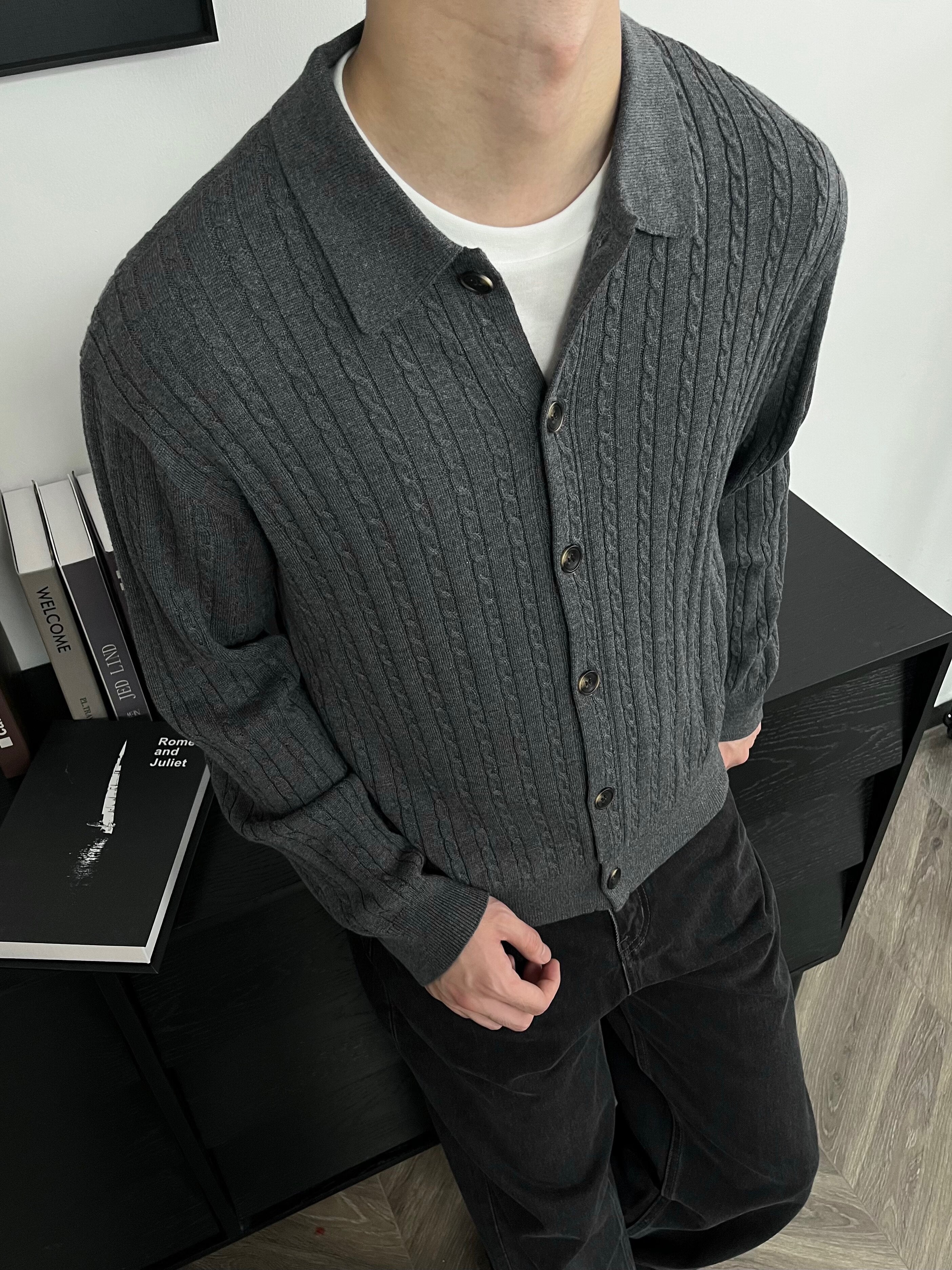 ファインストライプ ケーブル コットンカーディガン N6626