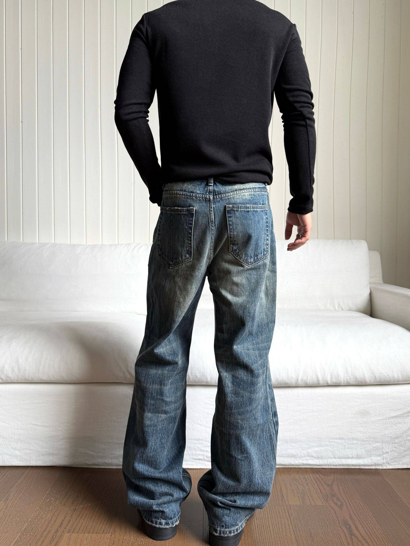 シルバーチェーン付き ヴィンテージウォッシュ デニムパンツ N6465