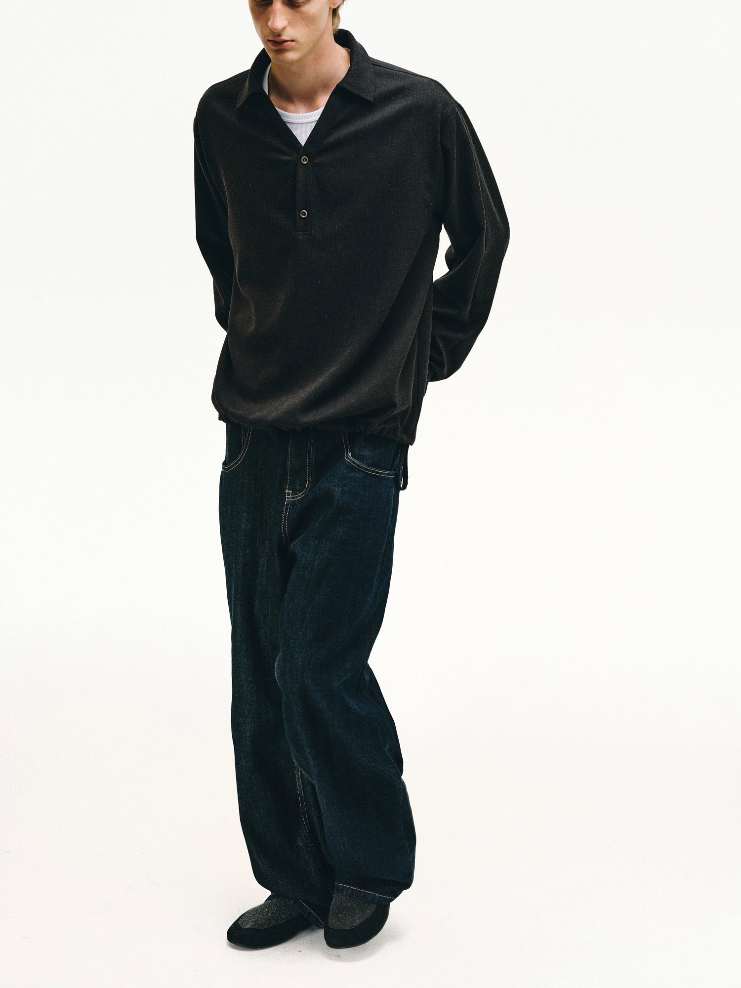 ドローストリング リネンブレンド プルオーバー ポロシャツ/ polo shirt N5596