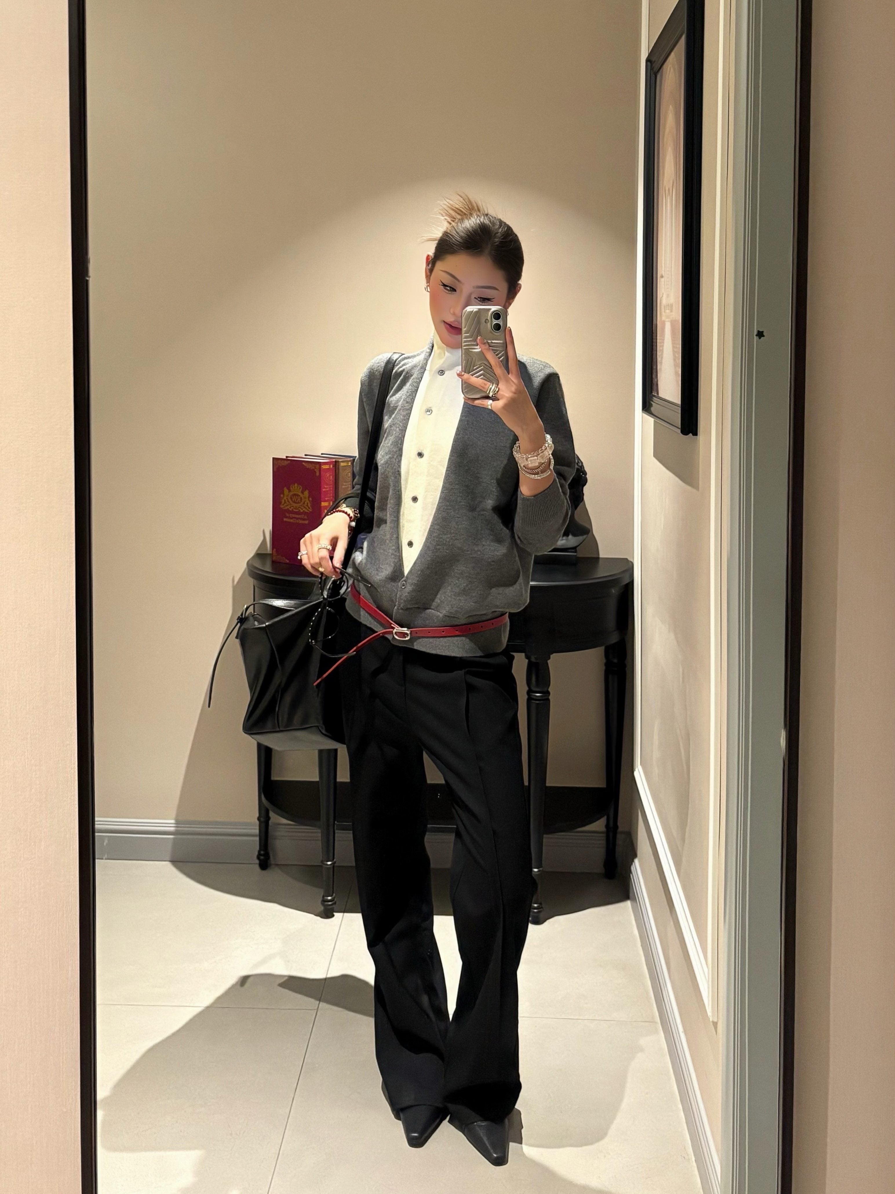 レイヤード風 バイカラー ハイネックニットカーディガン N6475