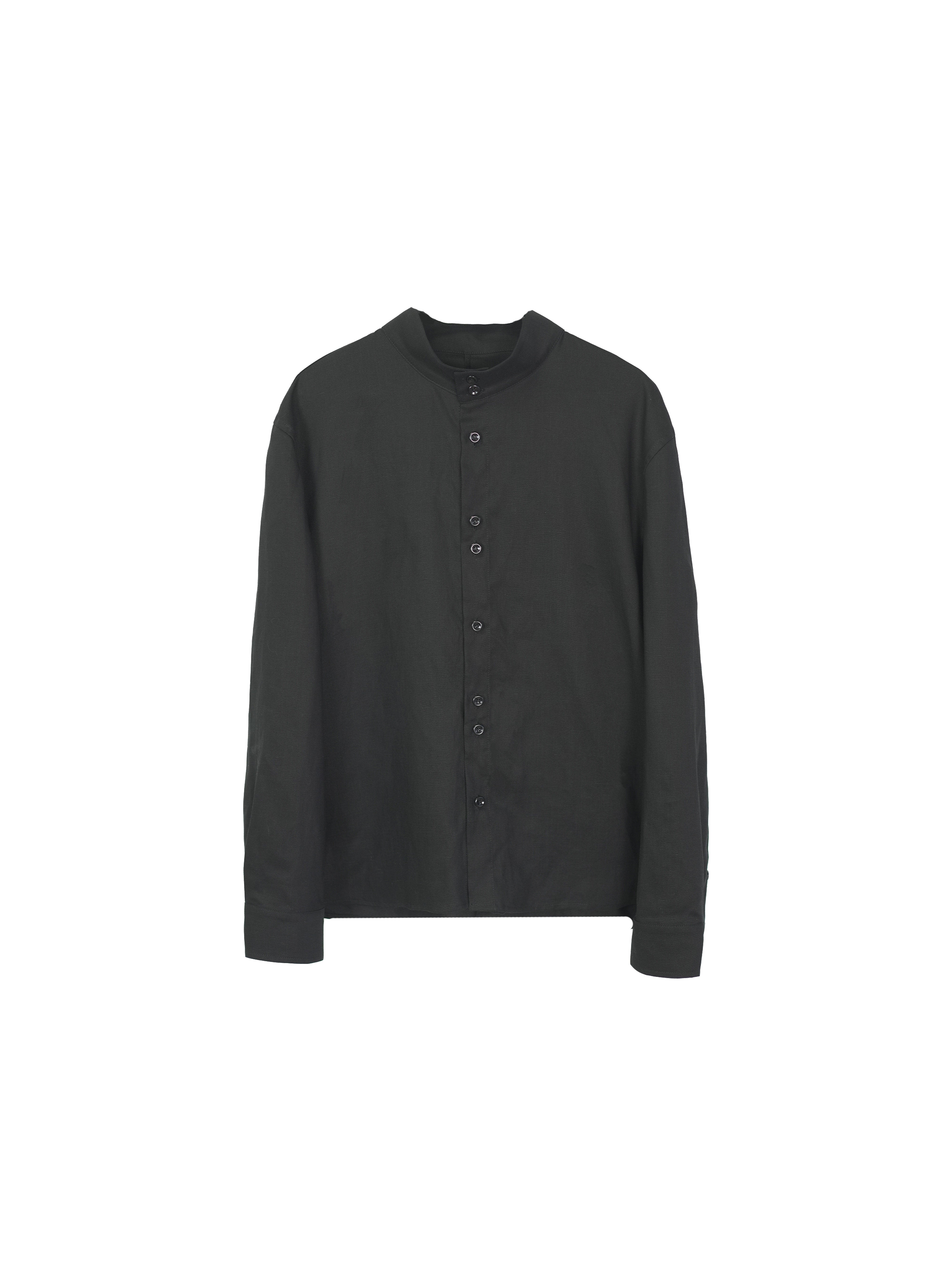 リネン混 スタンドカラー 非対称ボタンシャツ N6856