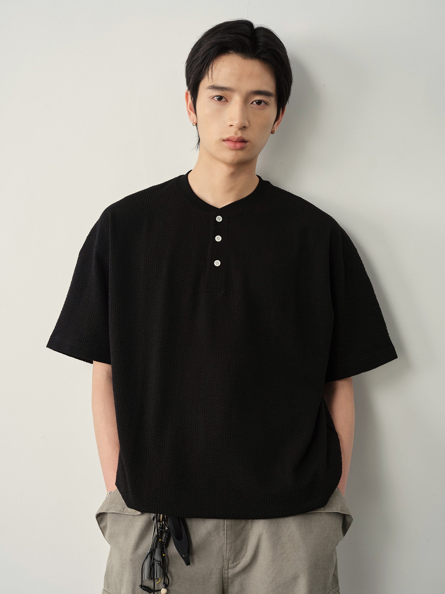 ワッフル地 ヘンリーネック 裾ドロスト Tシャツ N6981