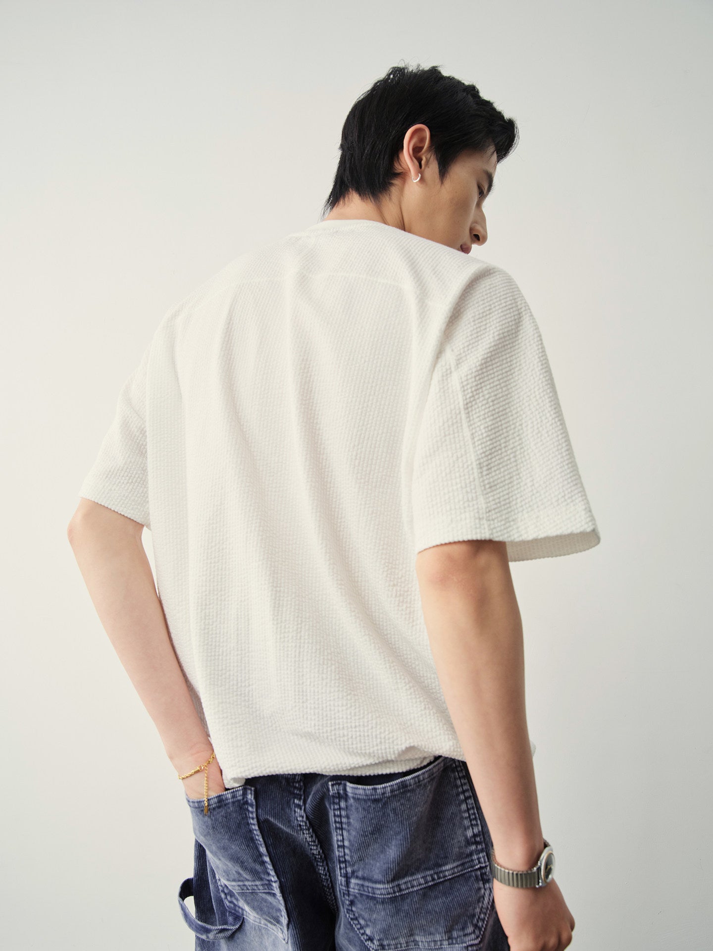 ワッフル地 ヘンリーネック 裾ドロスト Tシャツ N6981