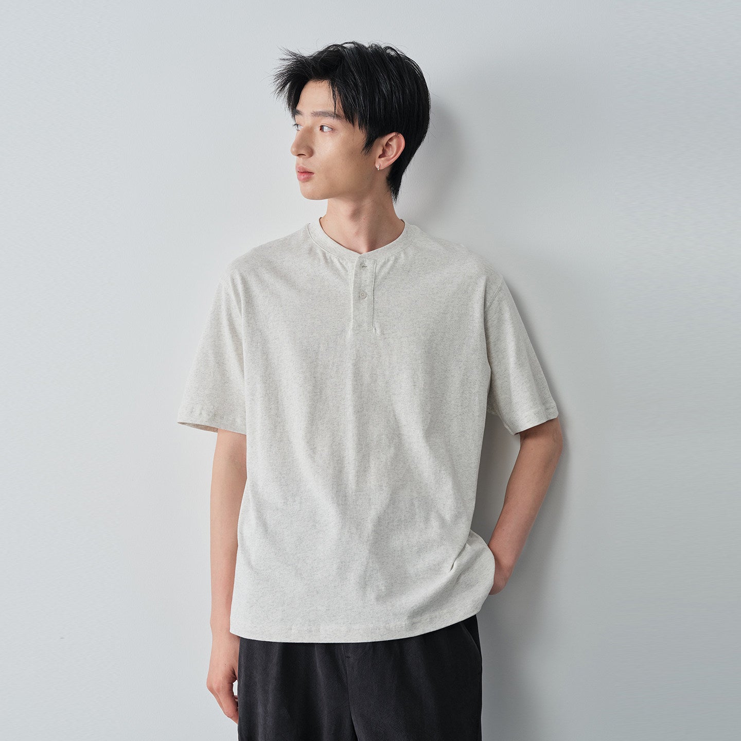 コットン100% ヘンリーネック リラックスTシャツ N7045