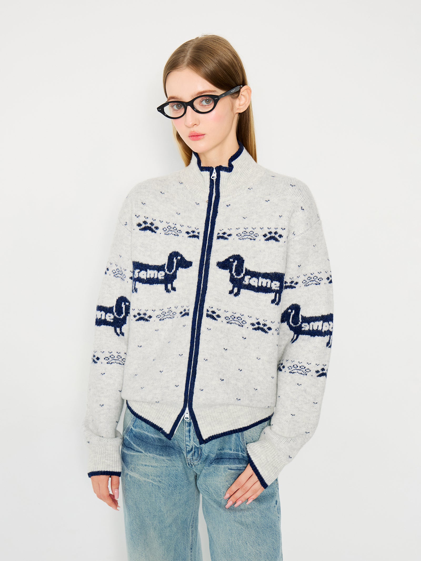 ドッグジャカード ウール混 リラックスニットカーディガン N6311