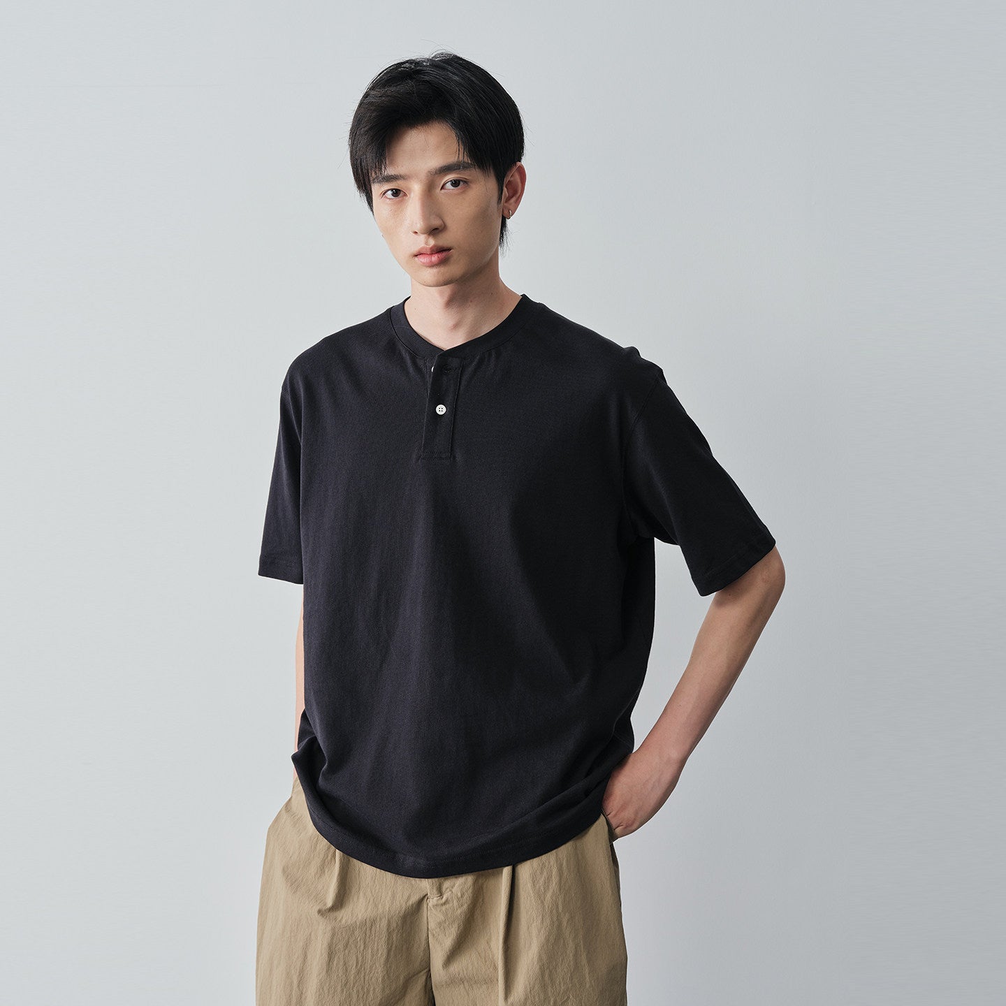 コットン100% ヘンリーネック リラックスTシャツ N7045