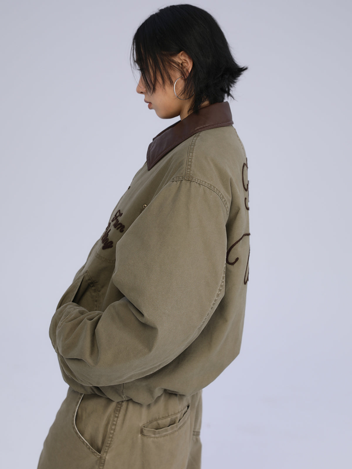 レザー襟ウォッシュドコットン・中綿ショートジャケット N6165