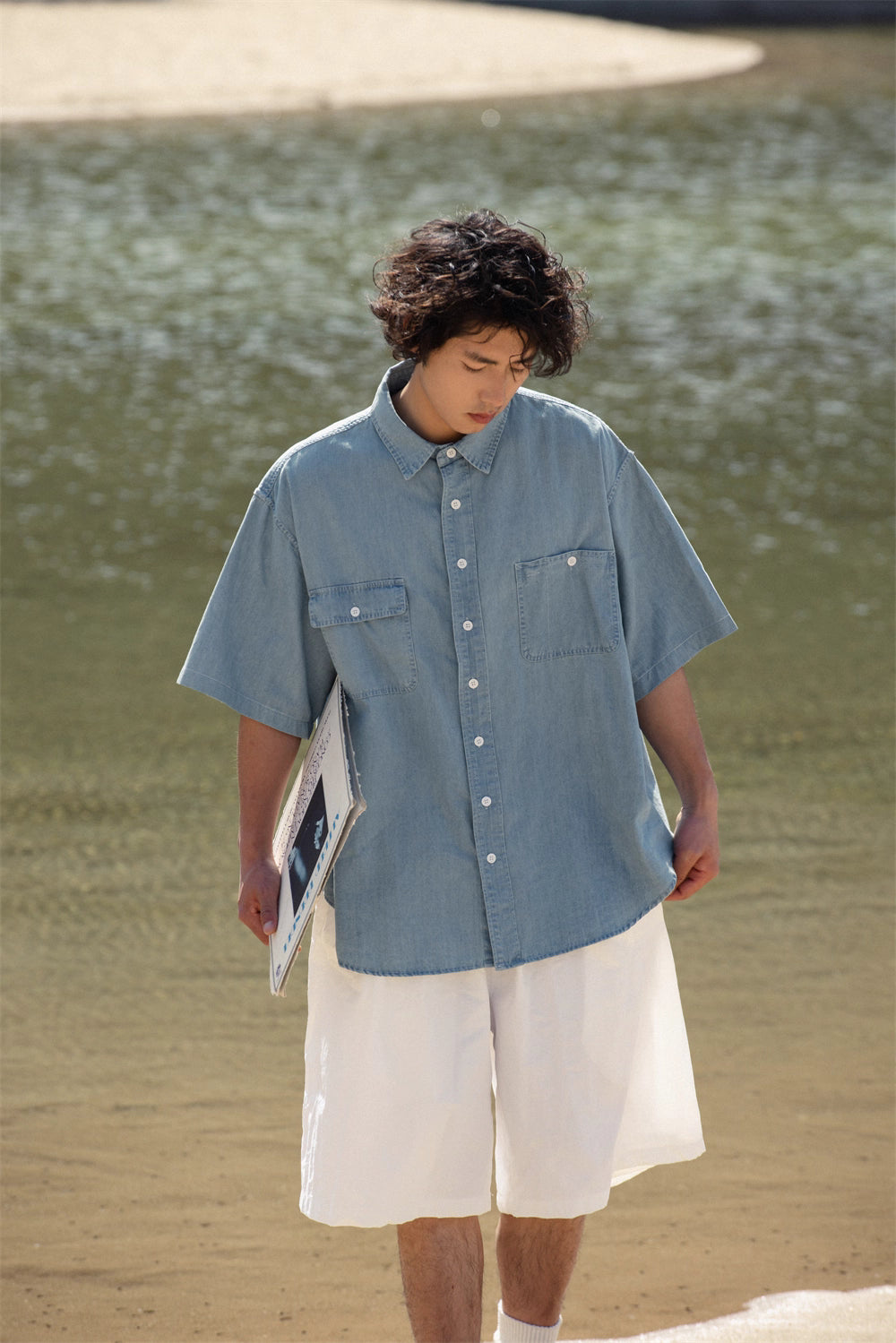 Distressed denim short sleeve shirt N5524