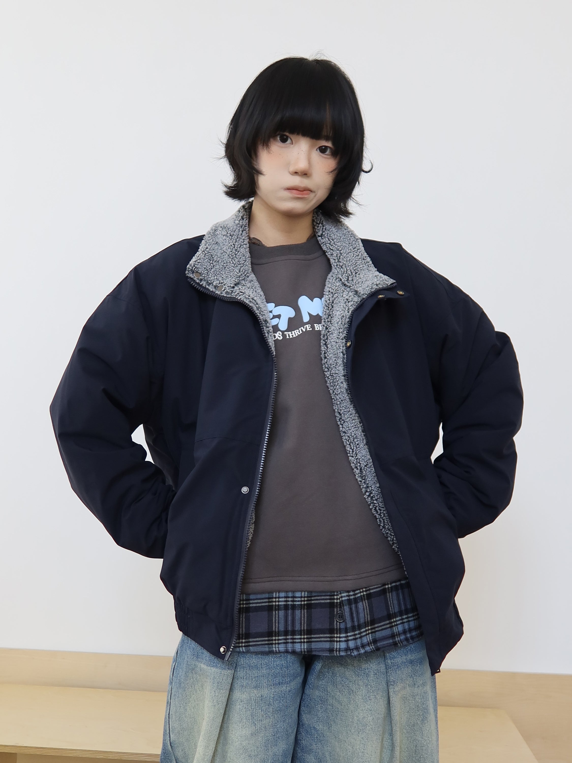 スタンドカラー ボア裏地 ネイビー中綿ジャケット N6319