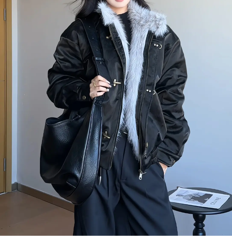 ロングファー襟パールレザー フライトバックルジャケット N6267