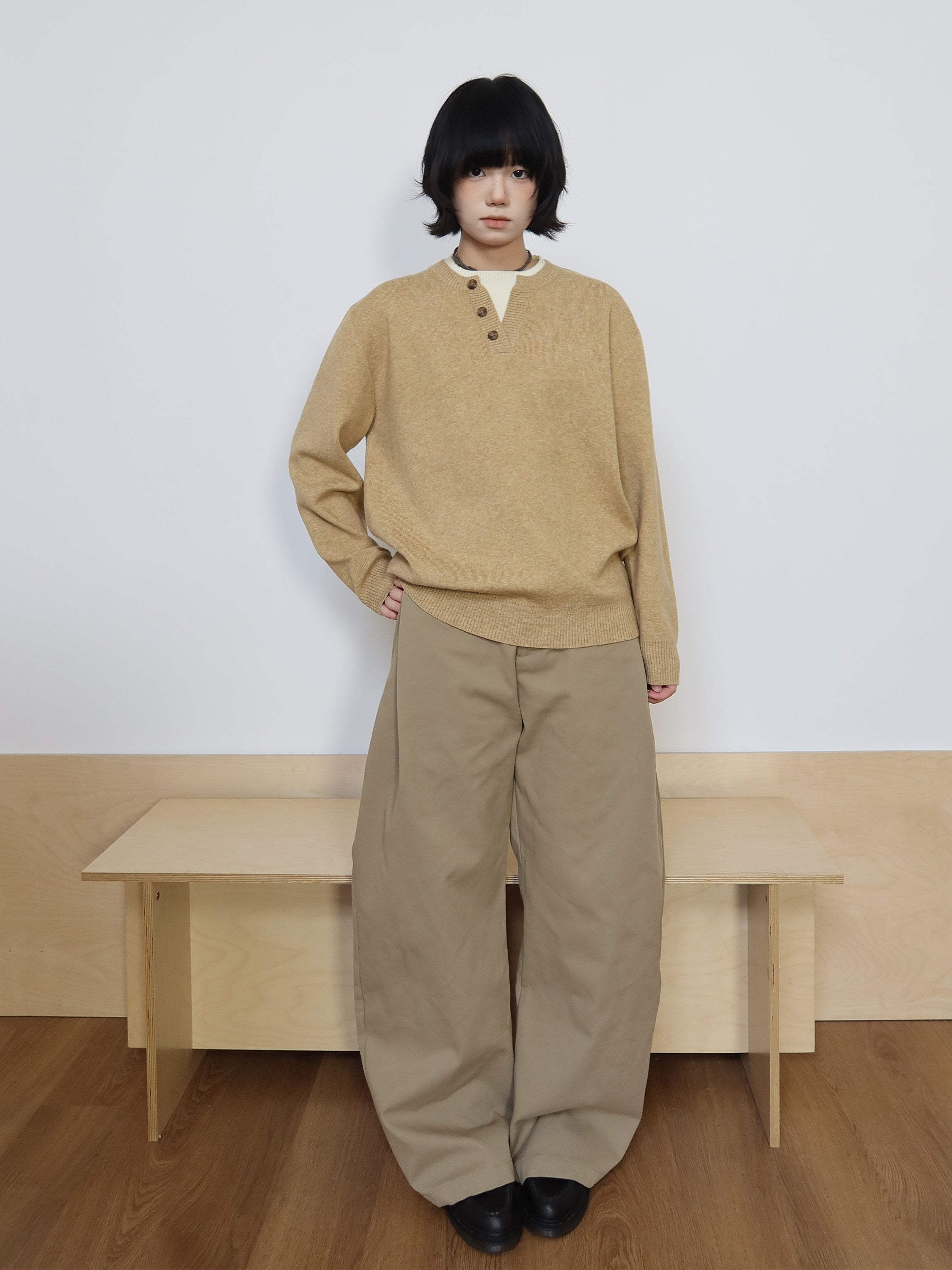 シェルボタン ヘンリーネック レイヤード風ニット N6342