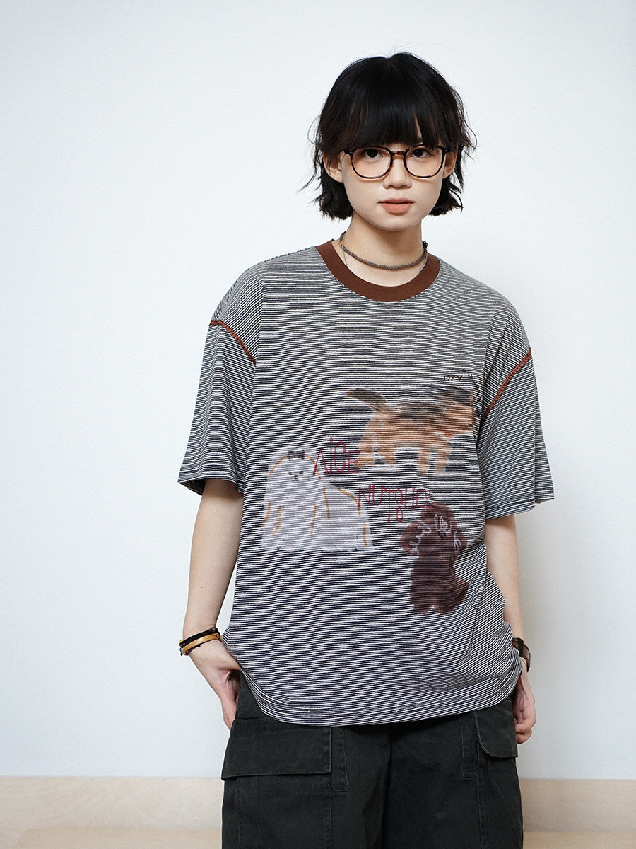 ピンボーダー アニマルグラフィック リンガーTシャツ N6868